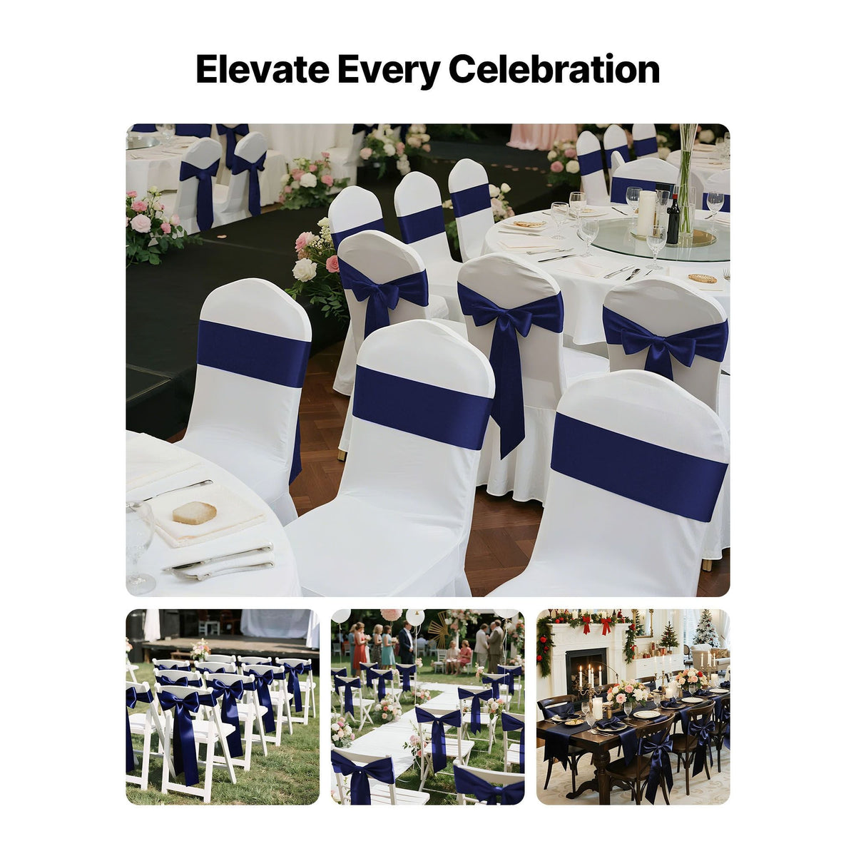 Satin Chair Sashes Bows, 50PCS Chair Ribbon Ties Back Sash, 7 x 108 inch, Navy Blue Wedding Reception Decoration, for Wedding Ceremony Baby Shower Party Events Banquet Chair Cover Decoration