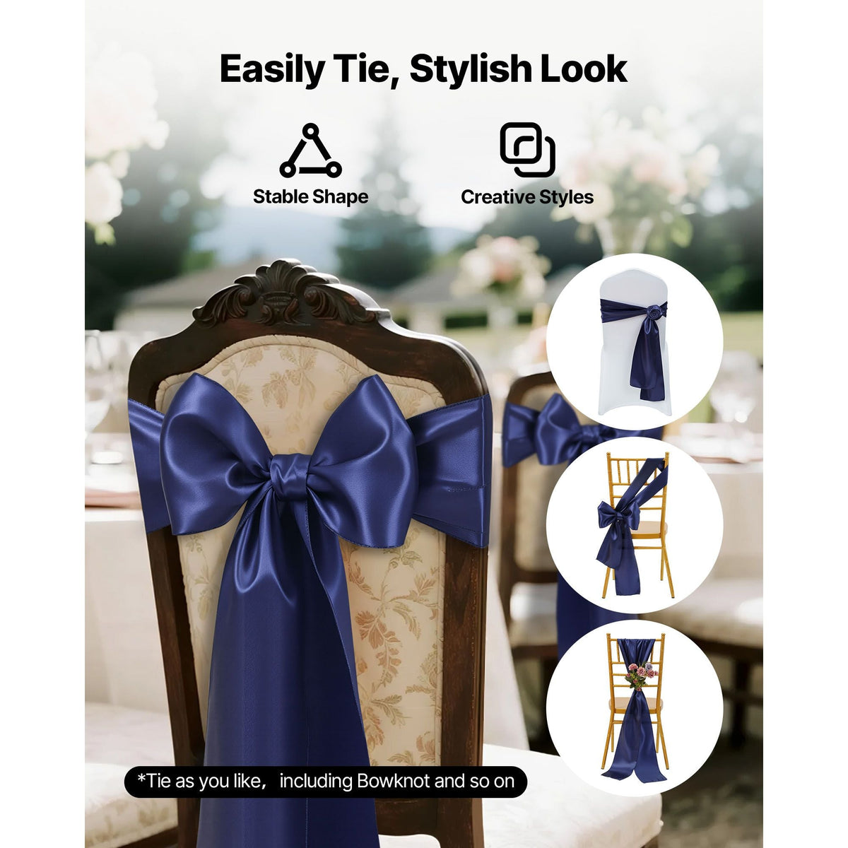 Satin Chair Sashes Bows, 50PCS Chair Ribbon Ties Back Sash, 7 x 108 inch, Navy Blue Wedding Reception Decoration, for Wedding Ceremony Baby Shower Party Events Banquet Chair Cover Decoration