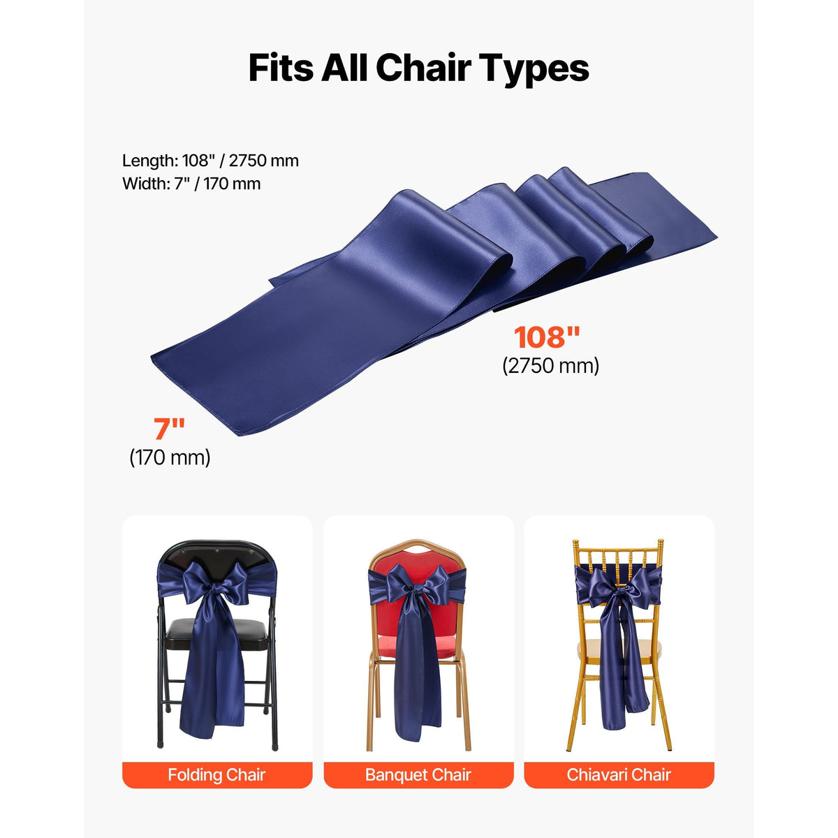 Satin Chair Sashes Bows, 50PCS Chair Ribbon Ties Back Sash, 7 x 108 inch, Navy Blue Wedding Reception Decoration, for Wedding Ceremony Baby Shower Party Events Banquet Chair Cover Decoration