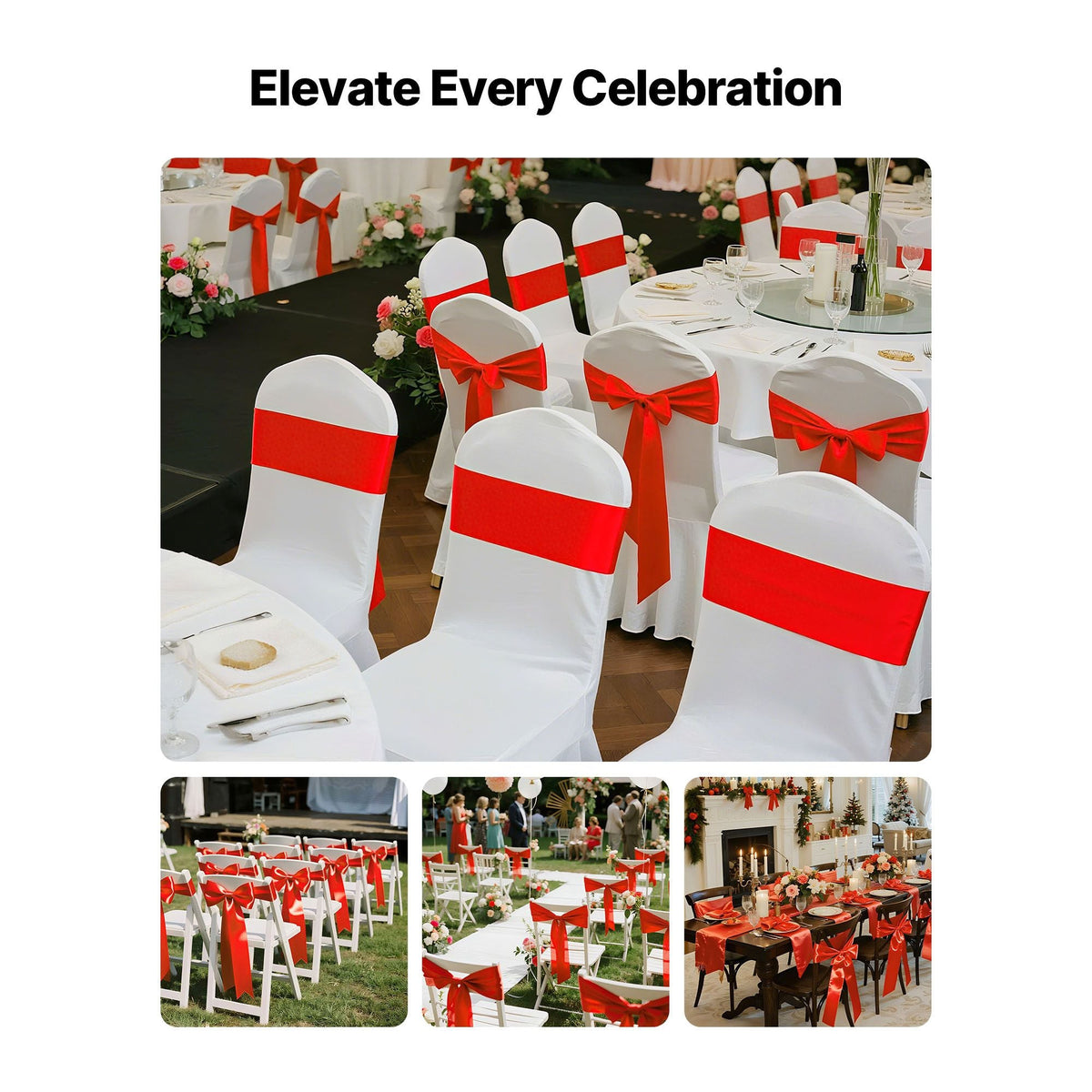 Satin Chair Sashes Bows, 50PCS Chair Ribbon Ties Back Sash, 7 x 108 inch, Red Wedding Reception Decoration, for Wedding Ceremony Baby Shower Party Events Banquet Chair Cover Decoration