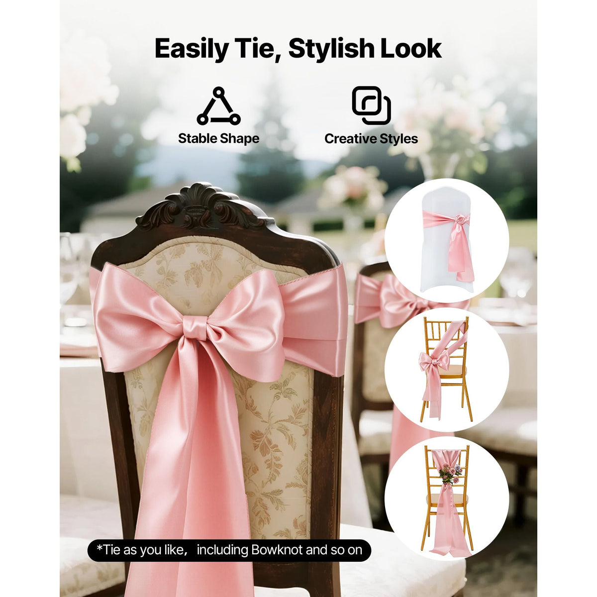 Satin Chair Sashes Bows, 50PCS Chair Ribbon Ties Back Sash, 7 x 108 inch, Rose Gold Wedding Reception Decoration, for Wedding Ceremony Baby Shower Party Events Banquet Chair Cover Decoration