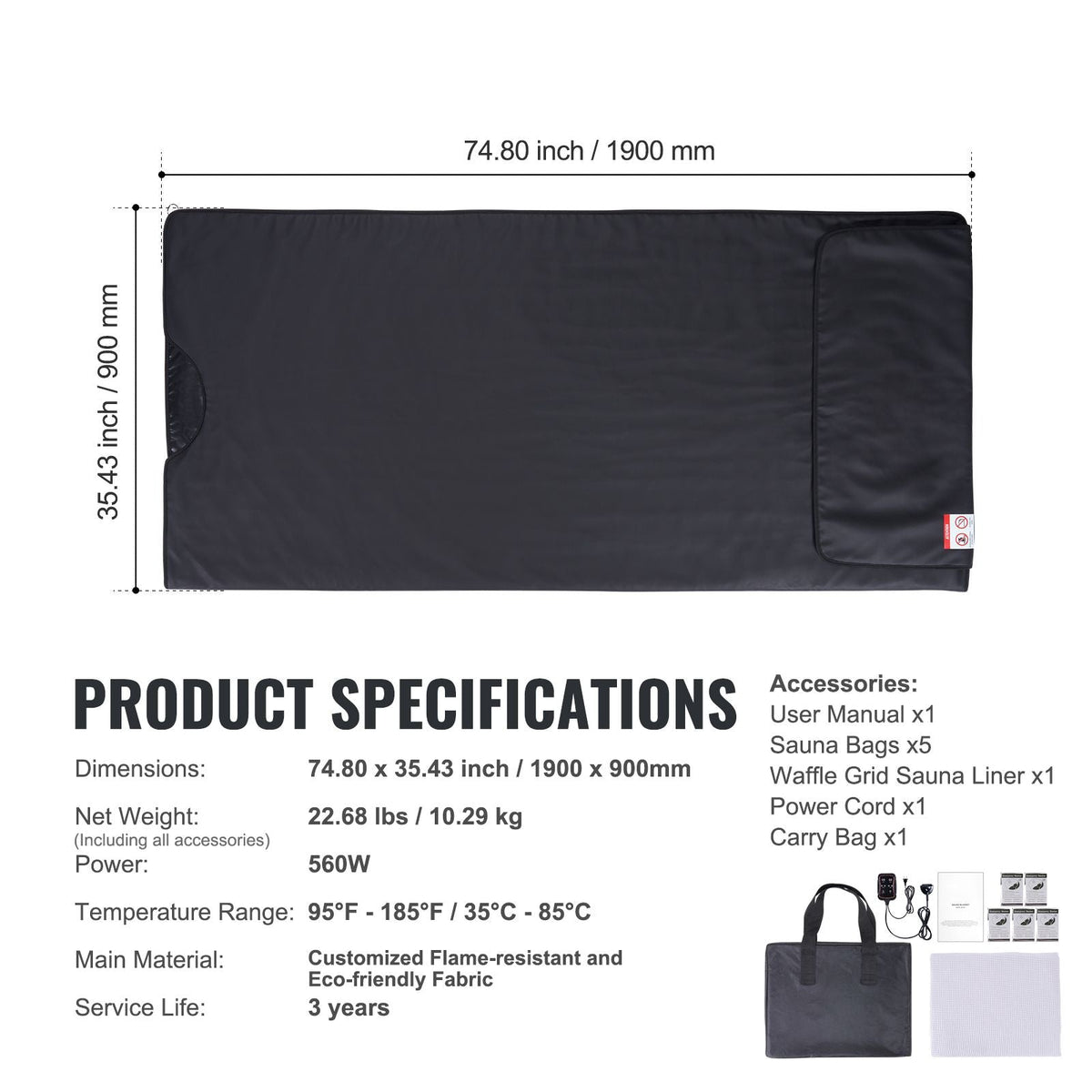 Sauna Blanket for Detoxification, Portable Far Infrared Sauna for Home, PU Sauna Bag w/ Therapy Stones & Carbon Fiber Heating, 1-6 Level Adjustable Temp 95-185 F, 1-60 Minutes Timer, 75 x 35in