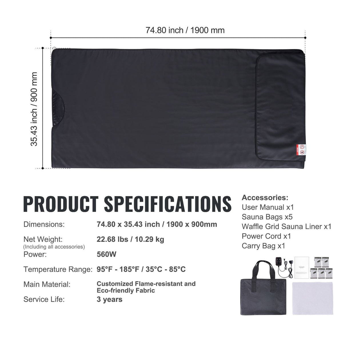 Sauna Blanket for Detoxification, Portable Far Infrared Sauna for Home, PU Sauna Bag w/ Therapy Stones & Carbon Fiber Heating, 1-6 Level Adjustable Temp 95-185 F, 1-60 Minutes Timer, 75 x 35in