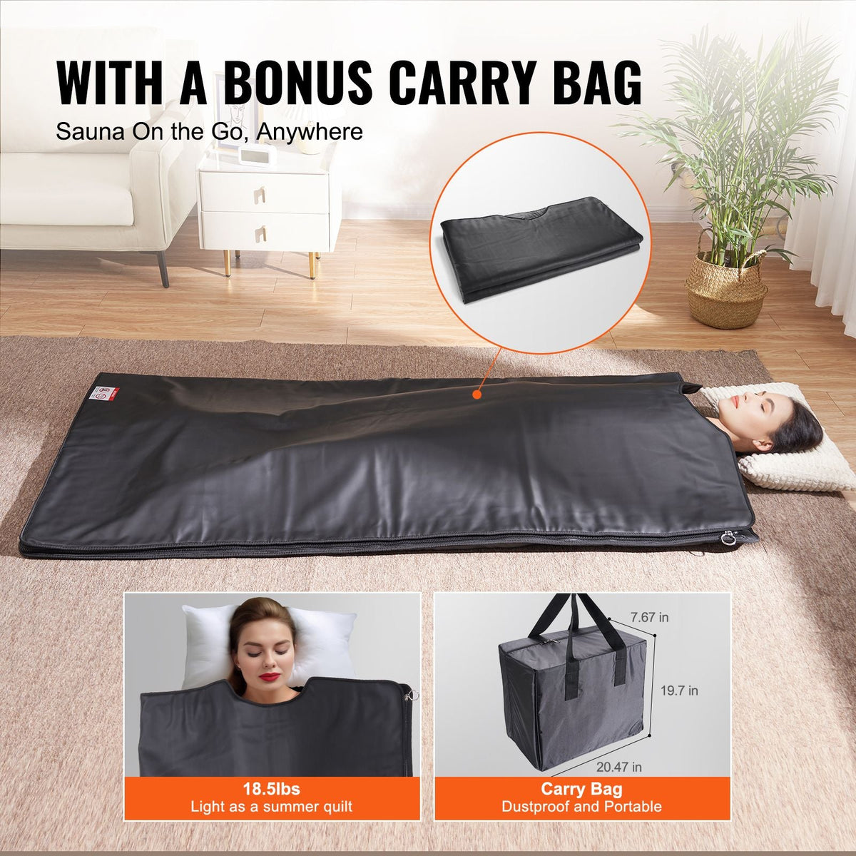 Sauna Blanket for Detoxification, Portable Far Infrared Sauna for Home Relaxation, 1-6 Level Adjustable Temp Range 95-185 F, 1-60 Minutes Timer, Far Infrared Carbon Heating Sauna Bag
