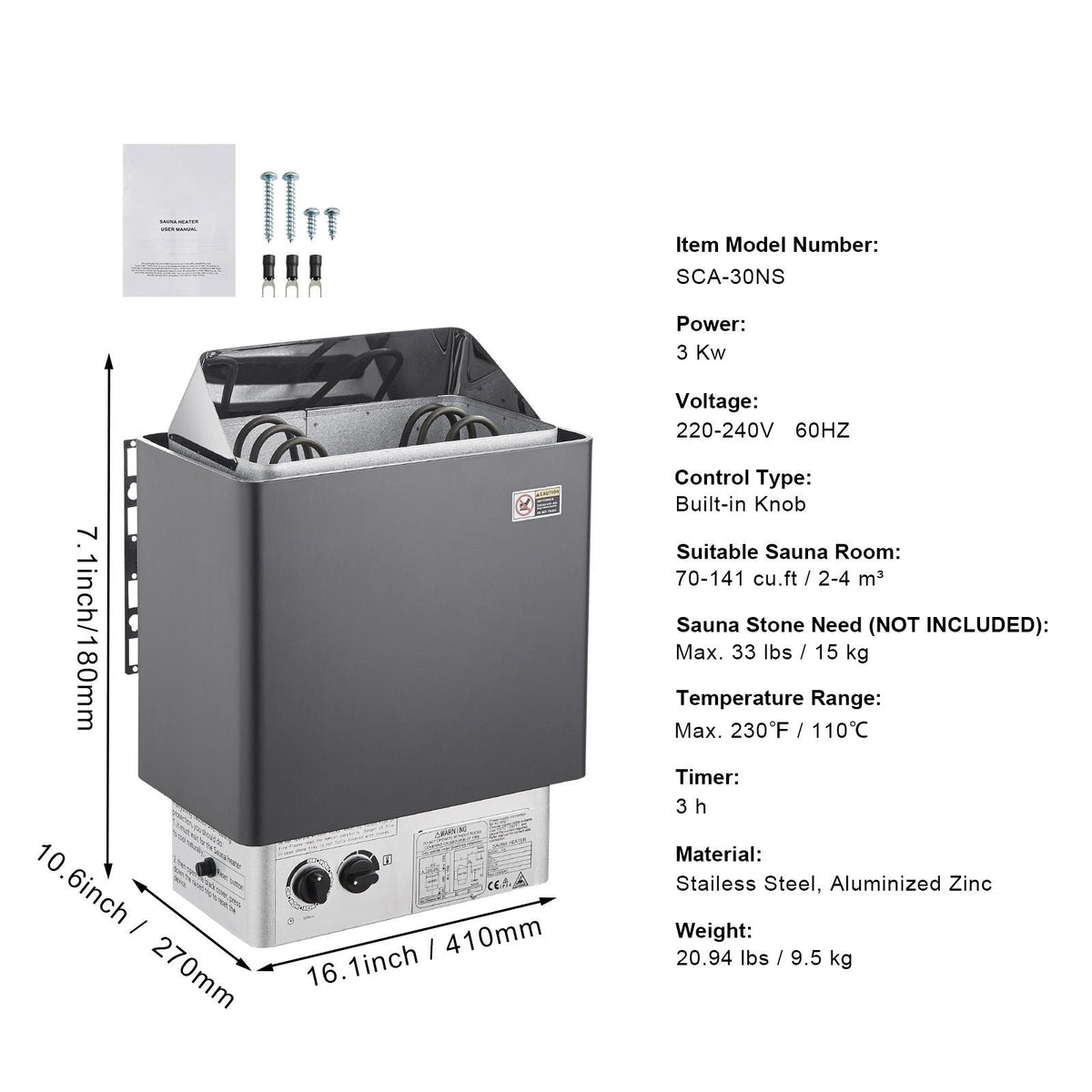 Sauna Heater, 3KW 220V Electric Sauna Stove, Steam Bath Sauna Heater with Built-In Controls, 3h Timer and Adjustable Temp for Max. 70-141 Cubic Feet, Home Hotel Spa Shower Use