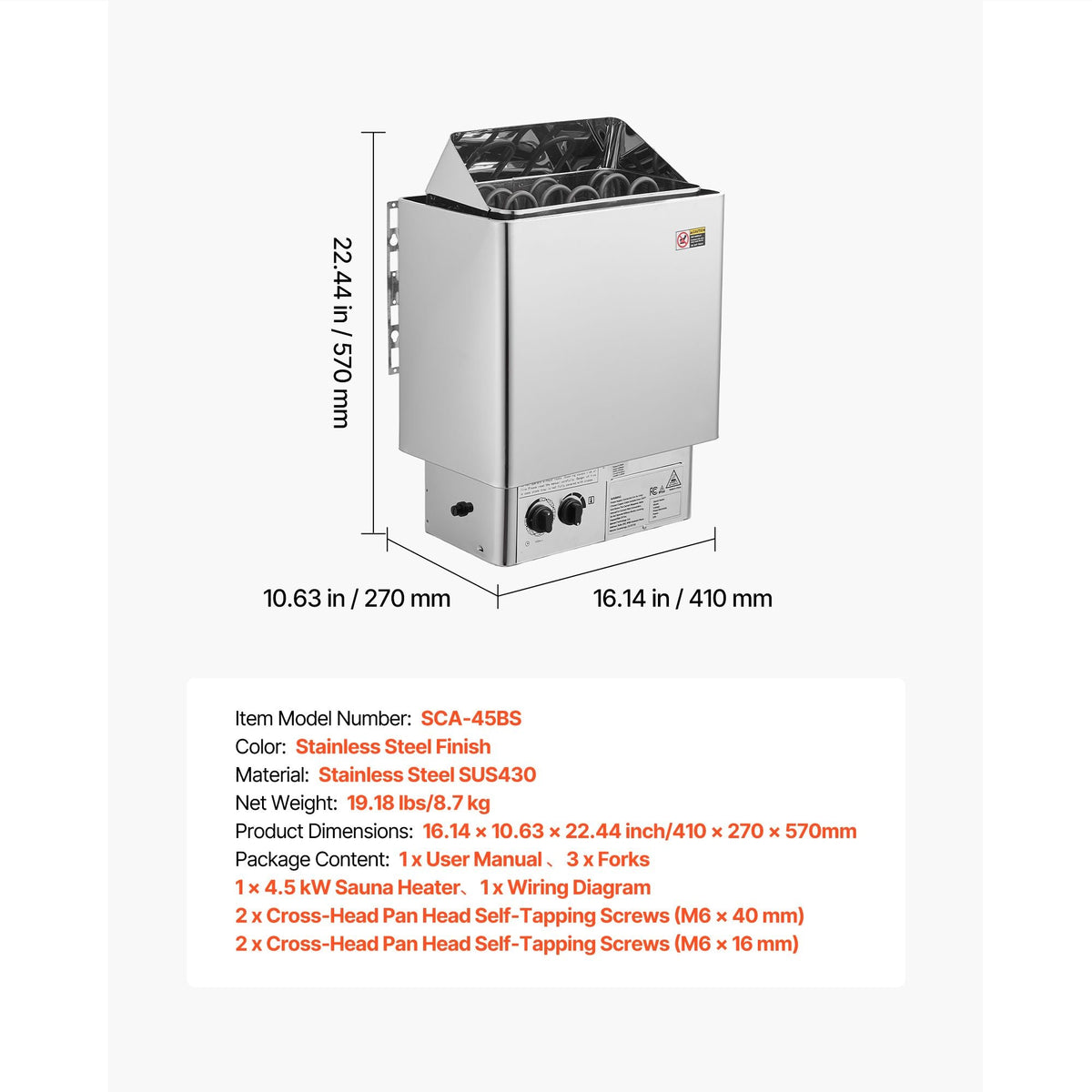 Sauna Heater, 4.5KW 240V Electric Sauna Stove, Dry Steam Bath Saunas Stove with Pre-Drilled Bracket, Fit 105 to 210 CU.FT Saunas Rooms, Steam Bath Stoves for Home, Commercial, Leisure Venues