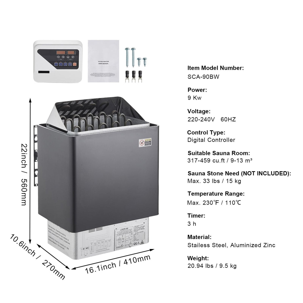 Sauna Heater, 9KW 220V Electric Sauna Stove, Steam Bath Sauna Heater with External Digital Controller, 3h Timer and Adjustable Temp for Max. 317-459 Cubic Feet, Home Hotel Spa Shower Use