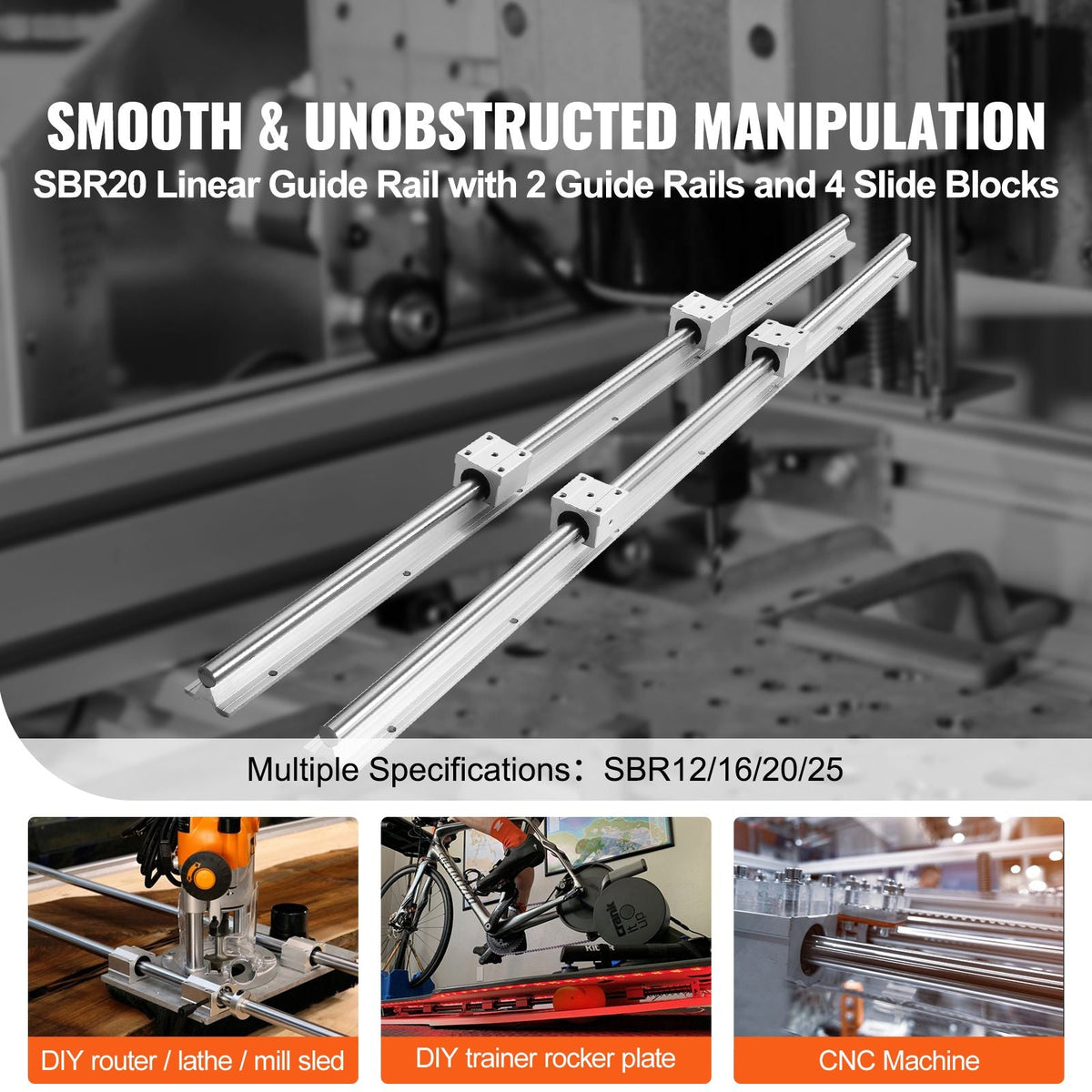 SBR20 1200mm Linear Guide Set, Comes with Two 47.2-inch SBR20 Rails and Four SBR20UU Bearings, Perfect for Crafting CNC Routers and Automation Equipment