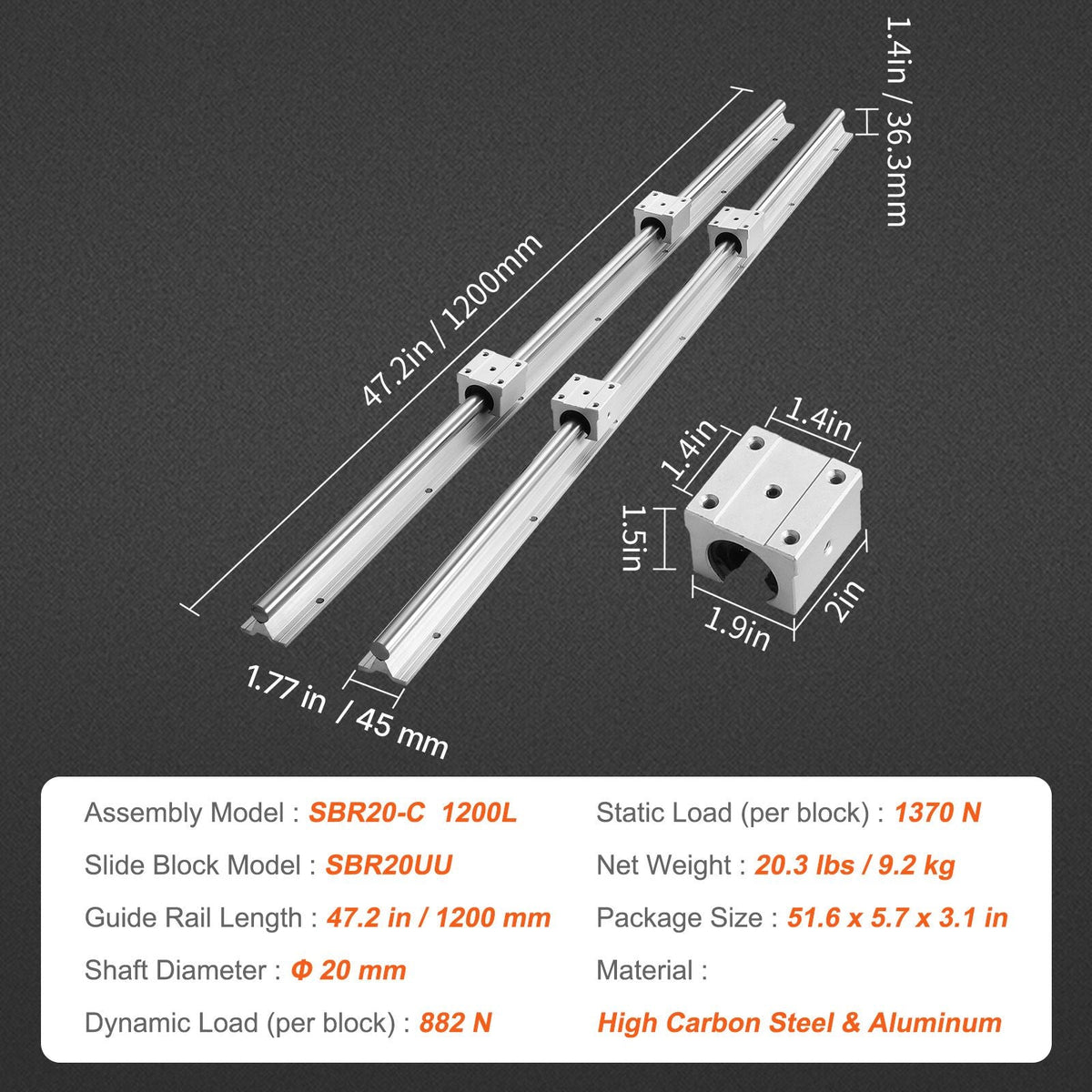SBR20 1200mm Linear Guide Set, Comes with Two 47.2-inch SBR20 Rails and Four SBR20UU Bearings, Perfect for Crafting CNC Routers and Automation Equipment