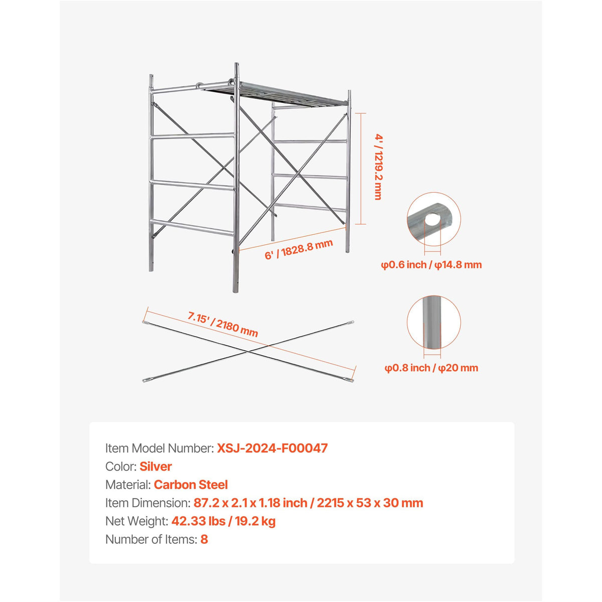 Scaffolding Cross Brace 6x4 ft, 8-Pack Solid Carbon Steel Scaffold Cross Supports, X-Shaped Scaffolding Safety Accessory with Rust- & Corrosion-Proof Galvanized Surface (Only Cross Braces Sold)