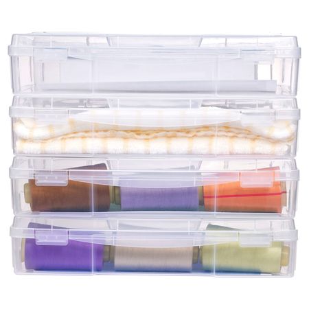 Scrapbook Paper Storage, 4 Pack Stackable Plastic Board Game Boxes, Clear Multi-Purpose Document Case with Rounded Corners and Double Latches, for Office Essentials Tools Arts Crafts Supplies