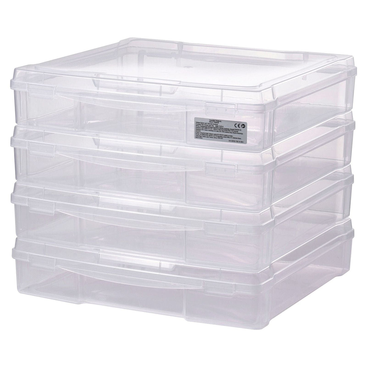 Scrapbook Paper Storage, 4 Pack Stackable Plastic Board Game Boxes, Clear Multi-Purpose Document Case with Rounded Corners and Double Latches, for Office Essentials Tools Arts Crafts Supplies