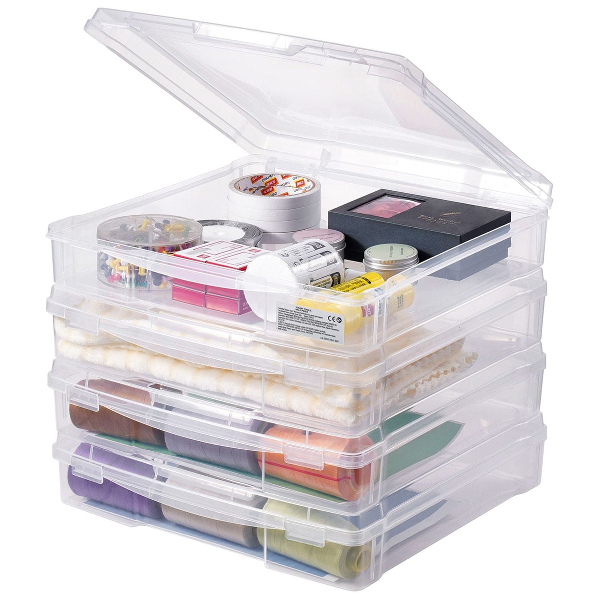 Scrapbook Paper Storage, 4 Pack Stackable Plastic Board Game Boxes, Clear Multi-Purpose Document Case with Rounded Corners and Double Latches, for Office Essentials Tools Arts Crafts Supplies