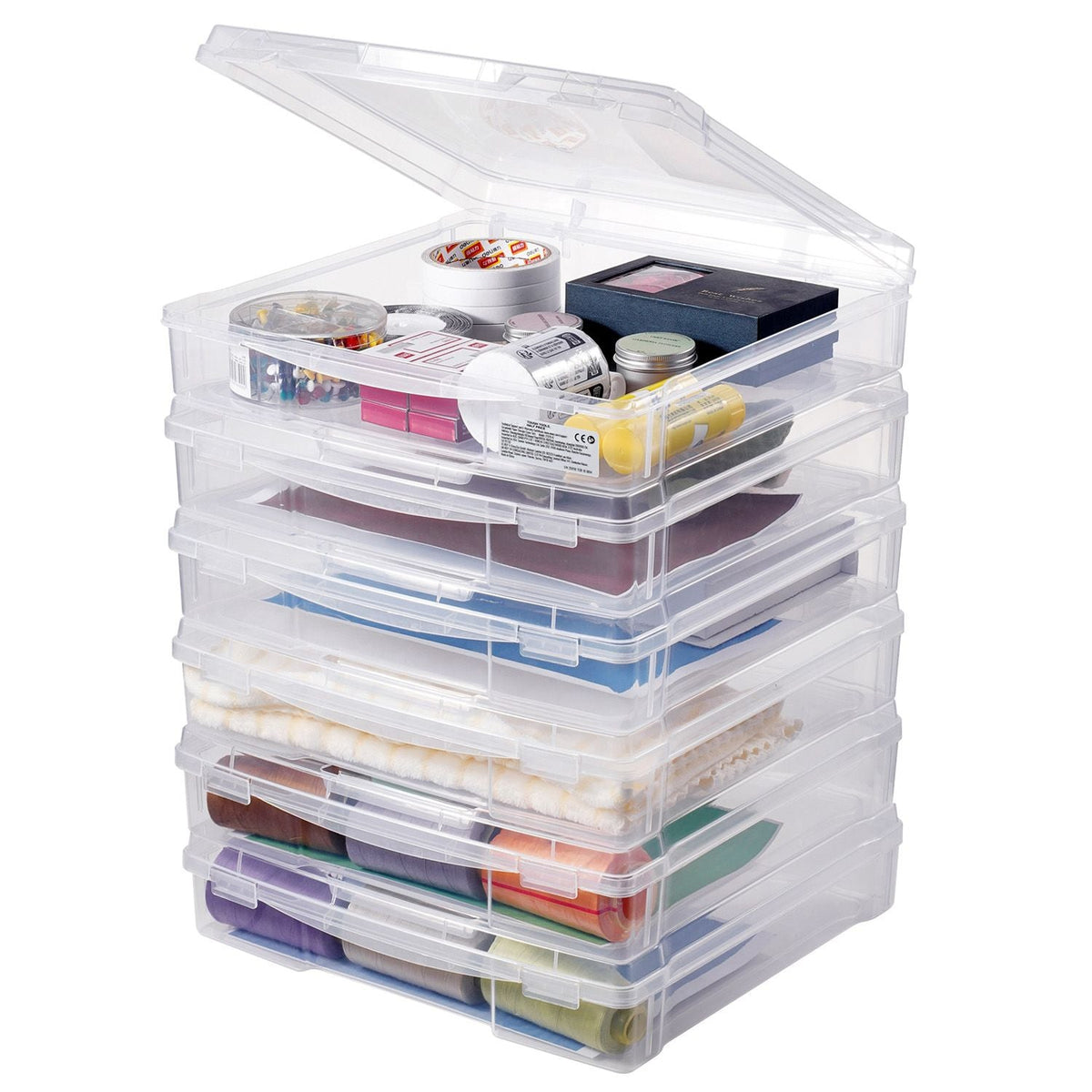 Scrapbook Paper Storage, 6 Pack Stackable Plastic Board Game Boxes, Clear Multi-Purpose Document Case with Rounded Corners and Double Latches, for Office Essentials Tools Arts Crafts Supplies