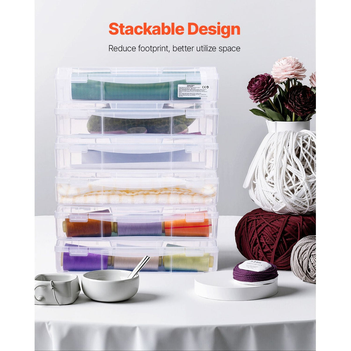 Scrapbook Paper Storage, 6 Pack Stackable Plastic Board Game Boxes, Clear Multi-Purpose Document Case with Rounded Corners and Double Latches, for Office Essentials Tools Arts Crafts Supplies