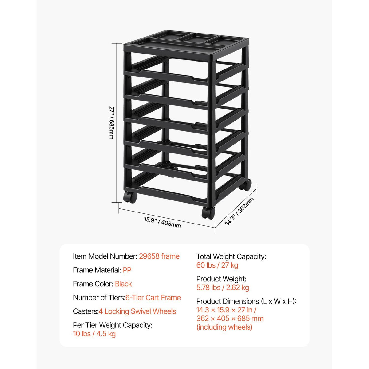 Scrapbook Rolling Storage Cart, 6-Tier Large Capacity with Organizer Top, Black Frame with 4 Removable Wheels, PP Material Cart Only, Rolling Craft Storage for Office Arts and Crafts Supplies