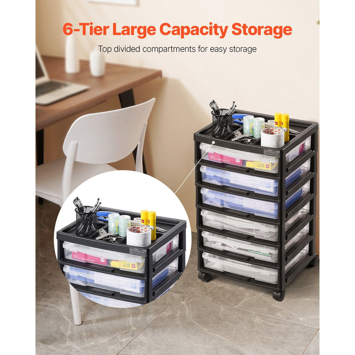 Scrapbook Rolling Storage Cart, 6-Tier Large Capacity with Organizer Top, Black Frame with 6 Clear Cases and 4 Removable Wheels, Storage Organizer Rolling Cart for Arts and Crafts Supplies