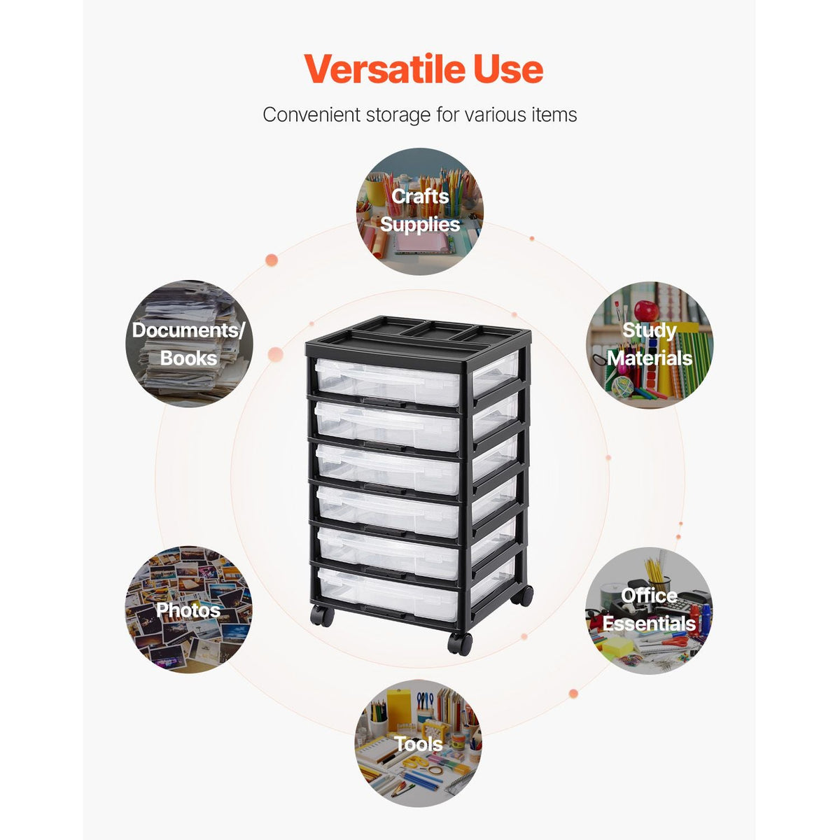 Scrapbook Rolling Storage Cart, 6-Tier Large Capacity with Organizer Top, Black Frame with 6 Clear Cases and 4 Removable Wheels, Storage Organizer Rolling Cart for Arts and Crafts Supplies