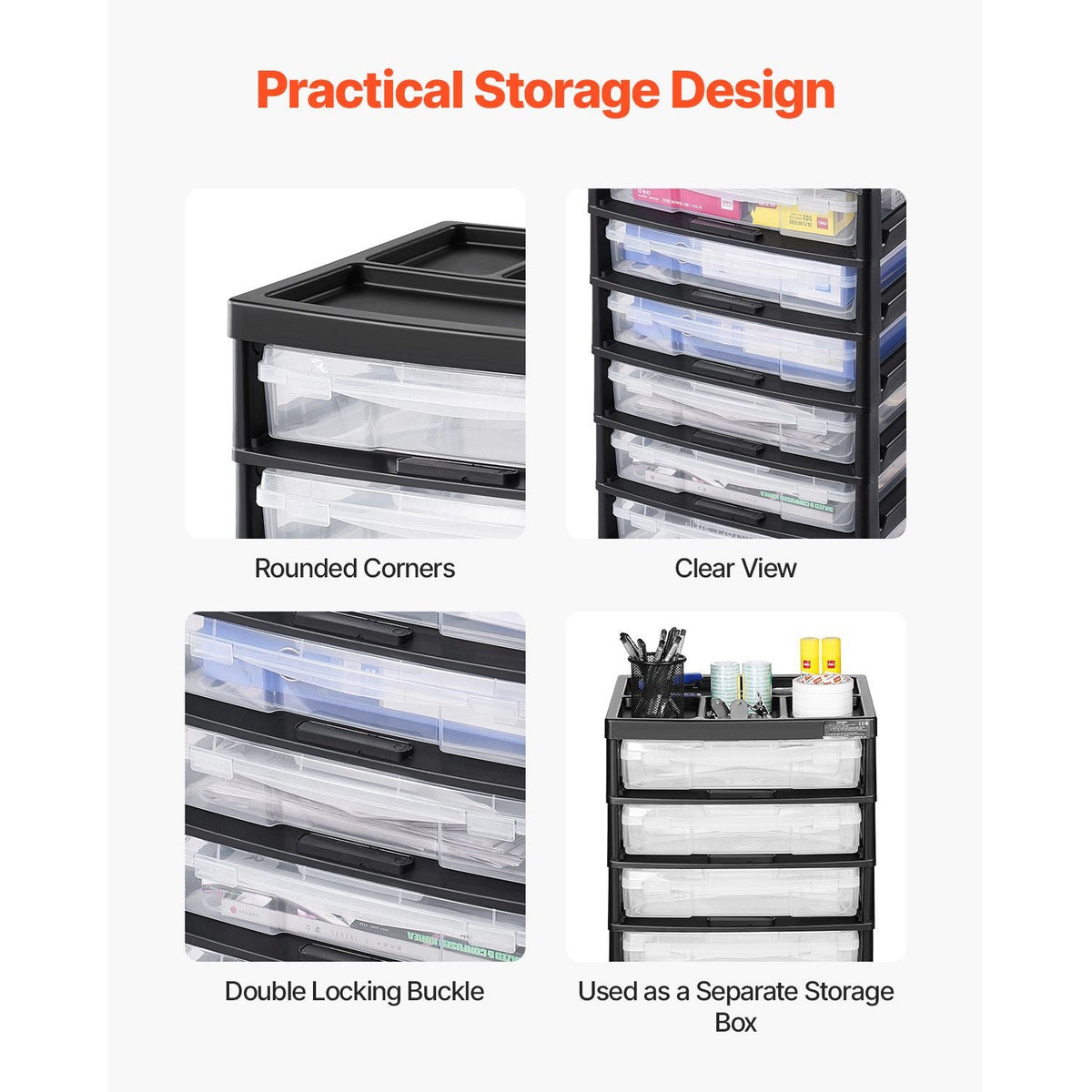 Scrapbook Rolling Storage Cart, 6-Tier Large Capacity with Organizer Top, Black Frame with 6 Clear Cases and 4 Removable Wheels, Storage Organizer Rolling Cart for Arts and Crafts Supplies
