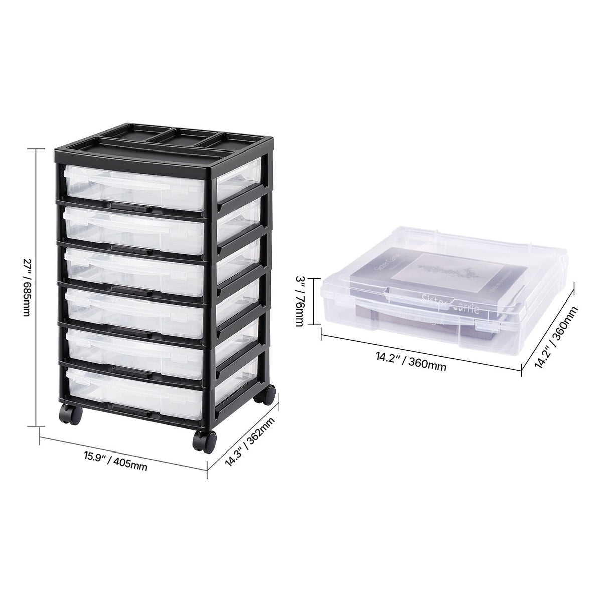 Scrapbook Rolling Storage Cart, 6-Tier Large Capacity with Organizer Top, Black Frame with 6 Clear Cases and 4 Removable Wheels, Storage Organizer Rolling Cart for Arts and Crafts Supplies