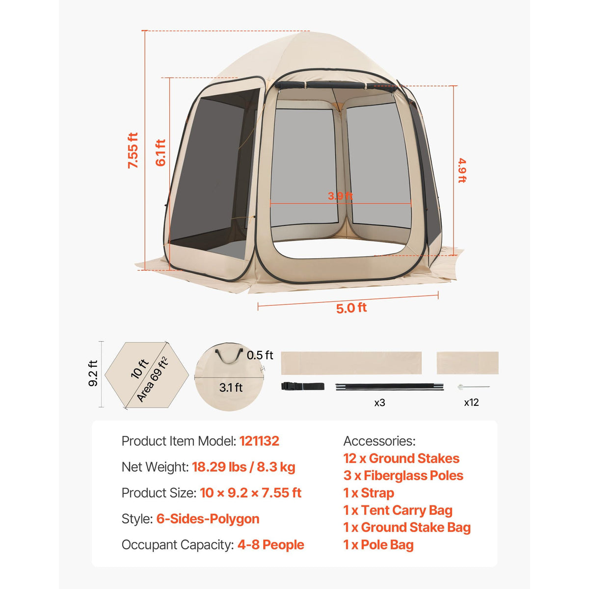 Screen House Tent, 10 x 9.2 ft, 4-8 Person Pop Up Screen Tent, Portable Screened in Canopy with Carry Bag, Netting Sides, Ground Stakes, for Garden, Patio, Backyard, Outdoor Activities, Beige