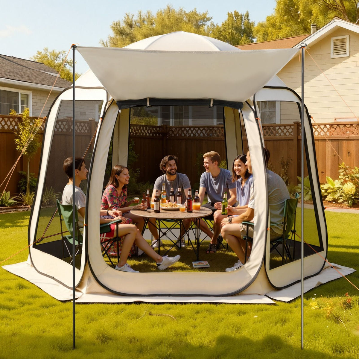 Screen House Tent, 10 x 9.2 ft, 4-8 Person Pop Up Screen Tent with Extended Awning, Portable Screened in Canopy with Carry Bag, Netting Sides, for Patio, Backyard, and Outdoor Activities, Beige