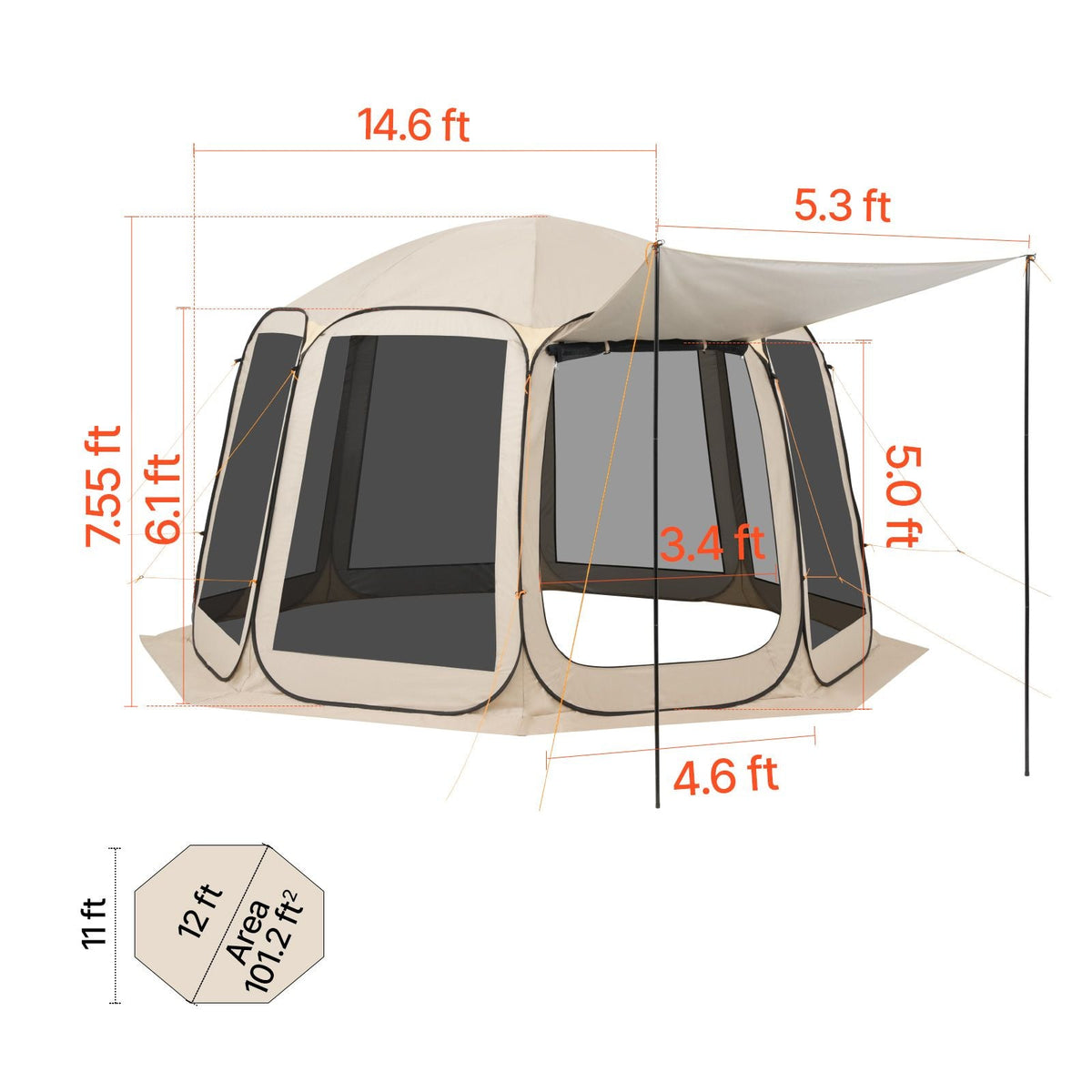 Screen House Tent, 12 x 11 ft, 10-12 Person Pop Up Screen Tent with Extended Awning, Portable Screened in Canopy with Carry Bag, Netting Sides, for Patio, Backyard, and Outdoor Activities, Beige