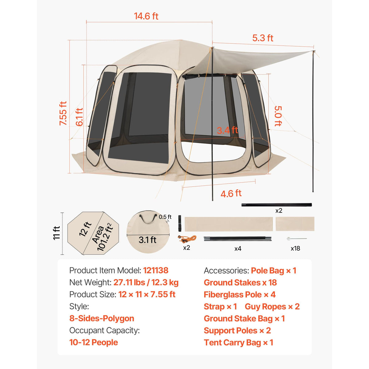 Screen House Tent, 12 x 11 ft, 10-12 Person Pop Up Screen Tent with Extended Awning, Portable Screened in Canopy with Carry Bag, Netting Sides, for Patio, Backyard, and Outdoor Activities, Beige