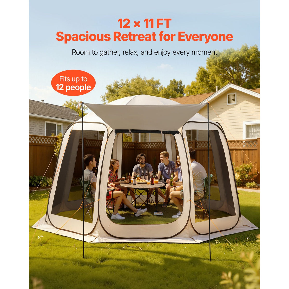 Screen House Tent, 12 x 11 ft, 10-12 Person Pop Up Screen Tent with Extended Awning, Portable Screened in Canopy with Carry Bag, Netting Sides, for Patio, Backyard, and Outdoor Activities, Beige