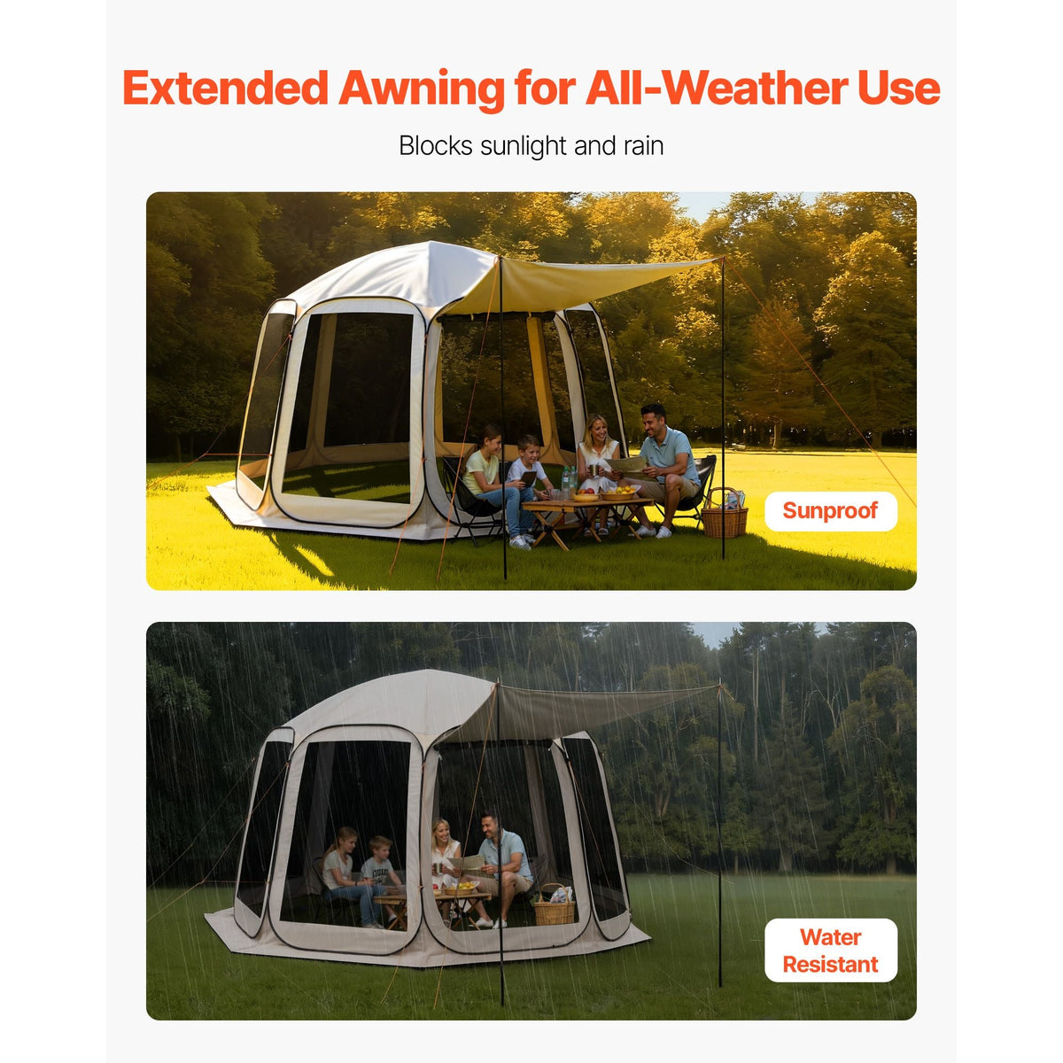 Screen House Tent, 12 x 11 ft, 10-12 Person Pop Up Screen Tent with Extended Awning, Portable Screened in Canopy with Carry Bag, Netting Sides, for Patio, Backyard, and Outdoor Activities, Beige