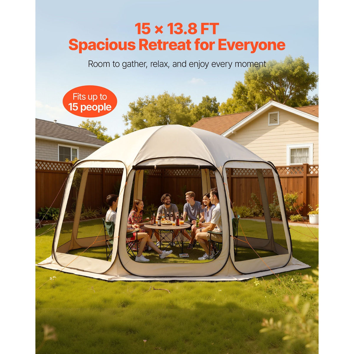 Screen House Tent, 15 x 13.8 ft, 12-15 Person Pop Up Screen Tent, Portable Screened in Canopy with Carry Bag, Netting Sides, Ground Stakes, for Garden, Patio, Backyard, Outdoor Activities, Beige