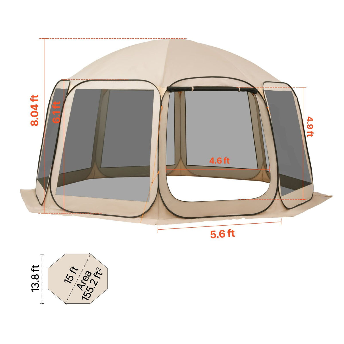 Screen House Tent, 15 x 13.8 ft, 12-15 Person Pop Up Screen Tent, Portable Screened in Canopy with Carry Bag, Netting Sides, Ground Stakes, for Garden, Patio, Backyard, Outdoor Activities, Beige