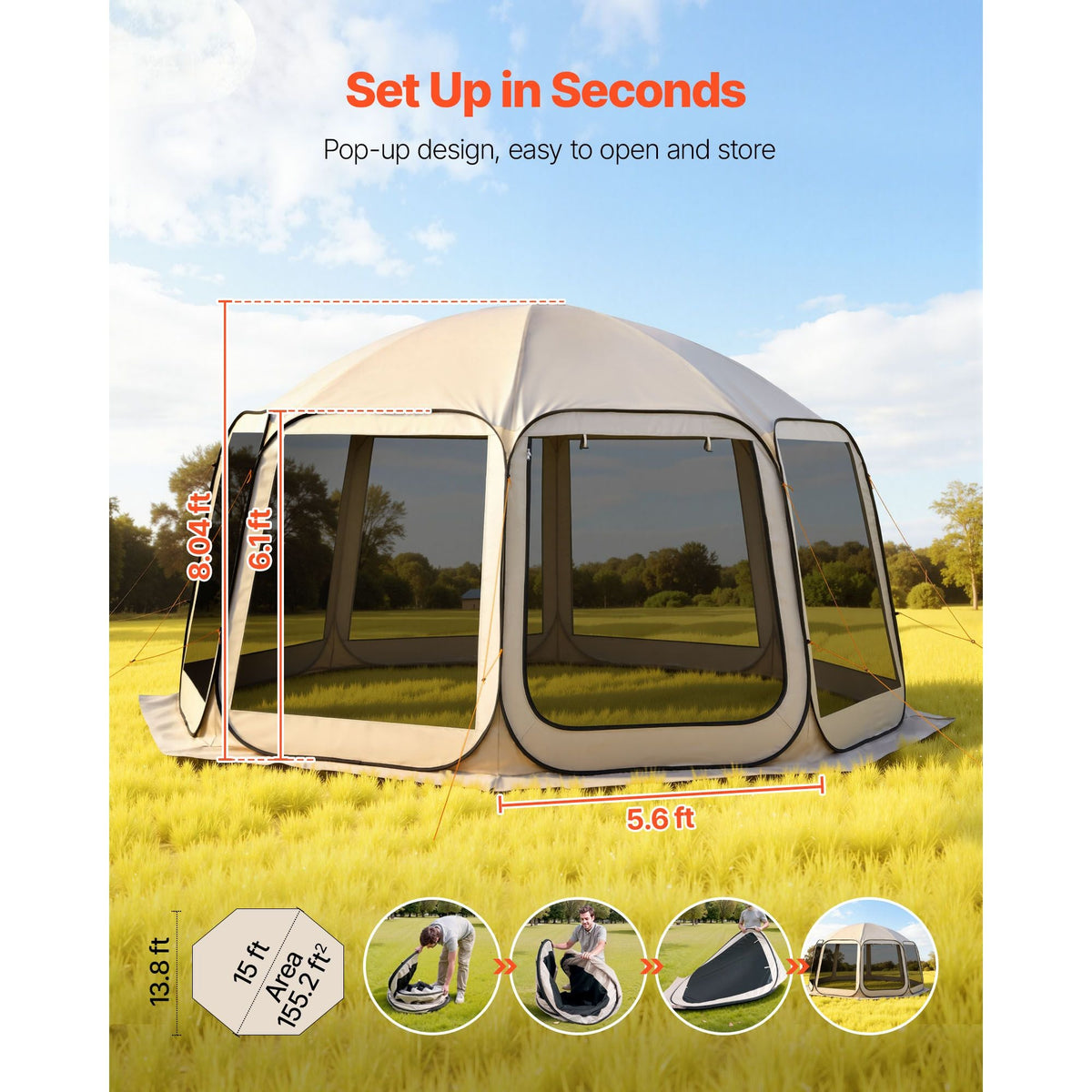 Screen House Tent, 15 x 13.8 ft, 12-15 Person Pop Up Screen Tent, Portable Screened in Canopy with Carry Bag, Netting Sides, Ground Stakes, for Garden, Patio, Backyard, Outdoor Activities, Beige
