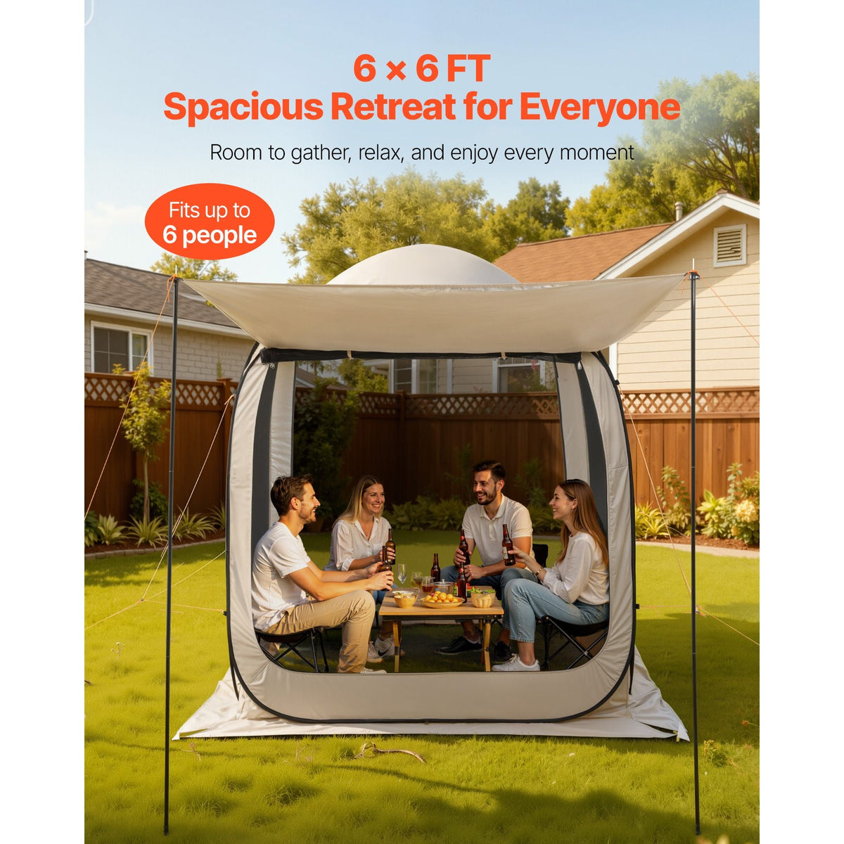 Screen House Tent, 6 x 6 ft, 4-6 Person Pop Up Screen Tent with Extended Awning, Portable Screened in Canopy with Carry Bag, Netting Sides, for Patio, Backyard, and Outdoor Activities, Beige