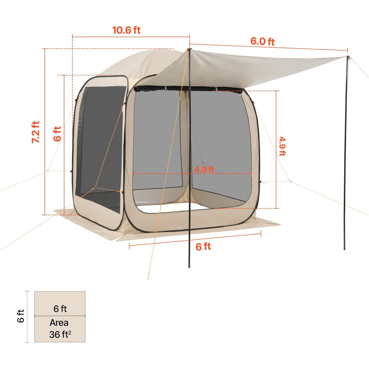 Screen House Tent, 6 x 6 ft, 4-6 Person Pop Up Screen Tent with Extended Awning, Portable Screened in Canopy with Carry Bag, Netting Sides, for Patio, Backyard, and Outdoor Activities, Beige