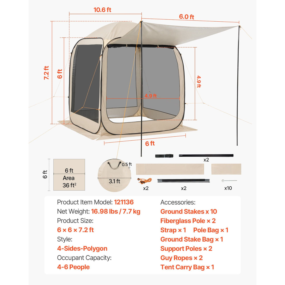 Screen House Tent, 6 x 6 ft, 4-6 Person Pop Up Screen Tent with Extended Awning, Portable Screened in Canopy with Carry Bag, Netting Sides, for Patio, Backyard, and Outdoor Activities, Beige