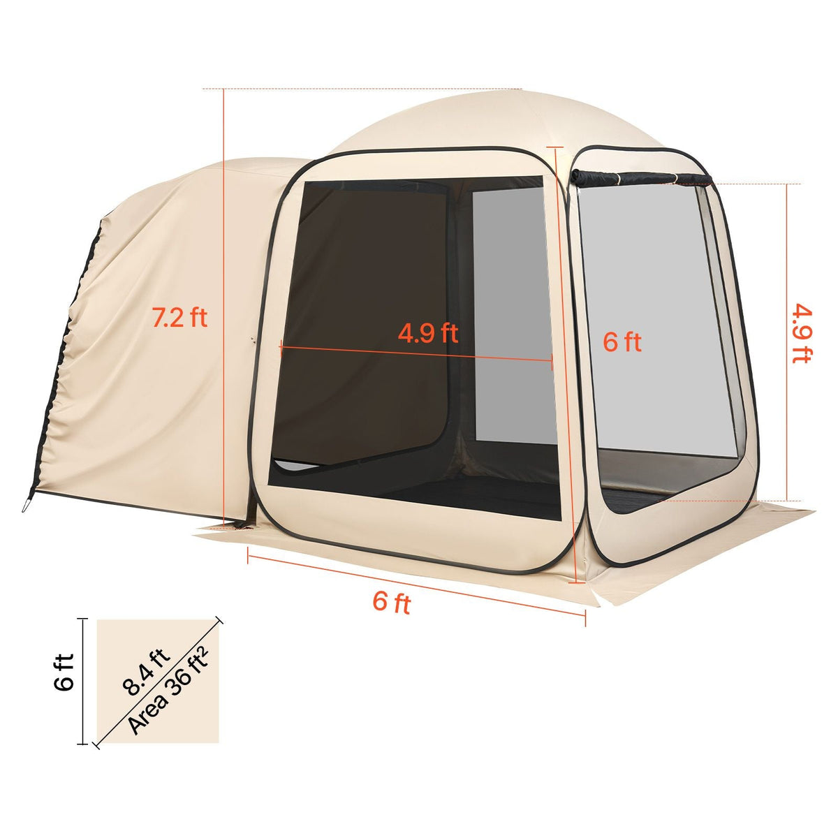 Screen House Tent, 6 x 6 ft, 4-6 Person Pop Up SUV Tailgate Tent, Portable Screened in Canopy with Carry Bag, Netting Sides, for Car Camping, Garden, Patio, Backyard, Outdoor Activities, Beige