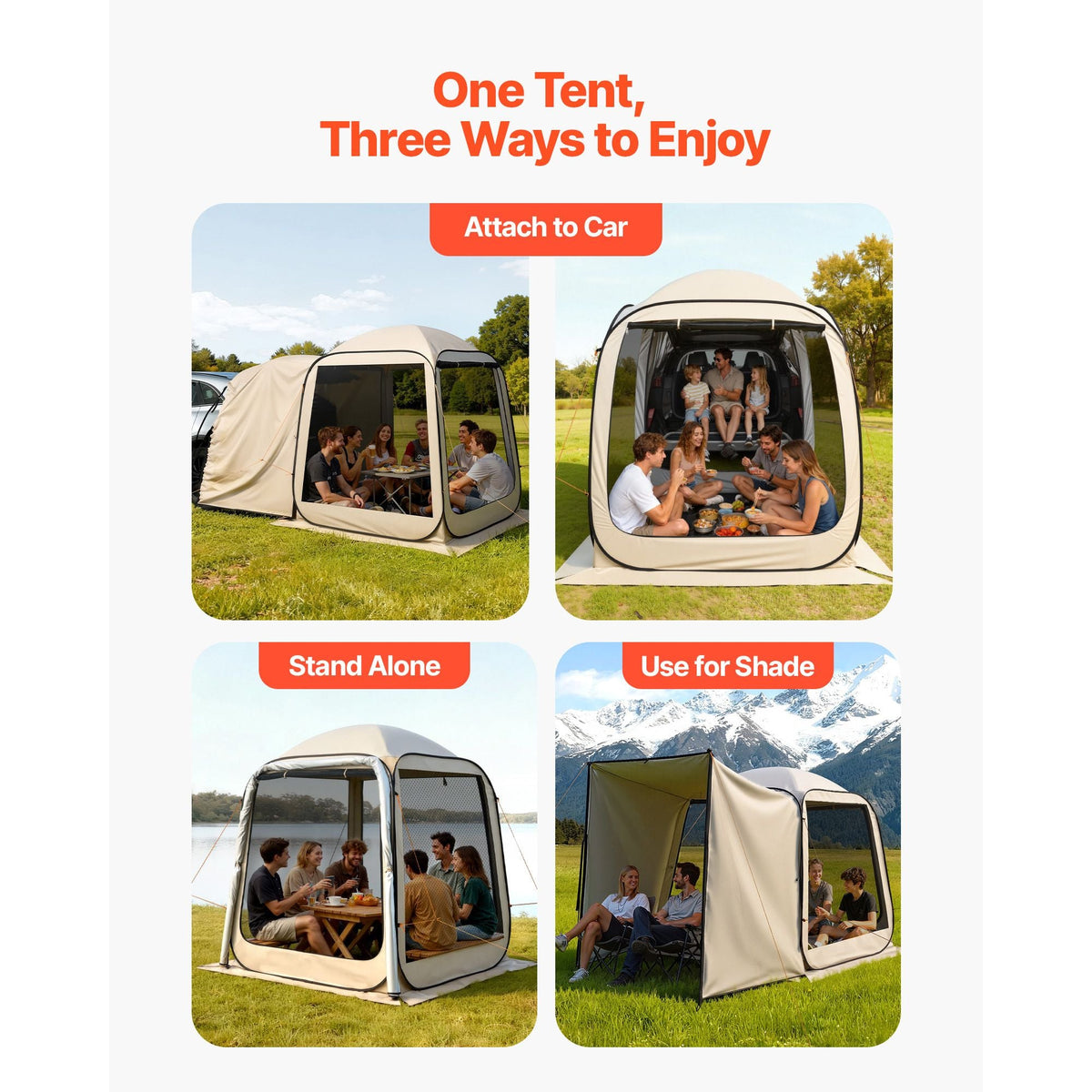 Screen House Tent, 6 x 6 ft, 4-6 Person Pop Up SUV Tailgate Tent, Portable Screened in Canopy with Carry Bag, Netting Sides, for Car Camping, Garden, Patio, Backyard, Outdoor Activities, Beige