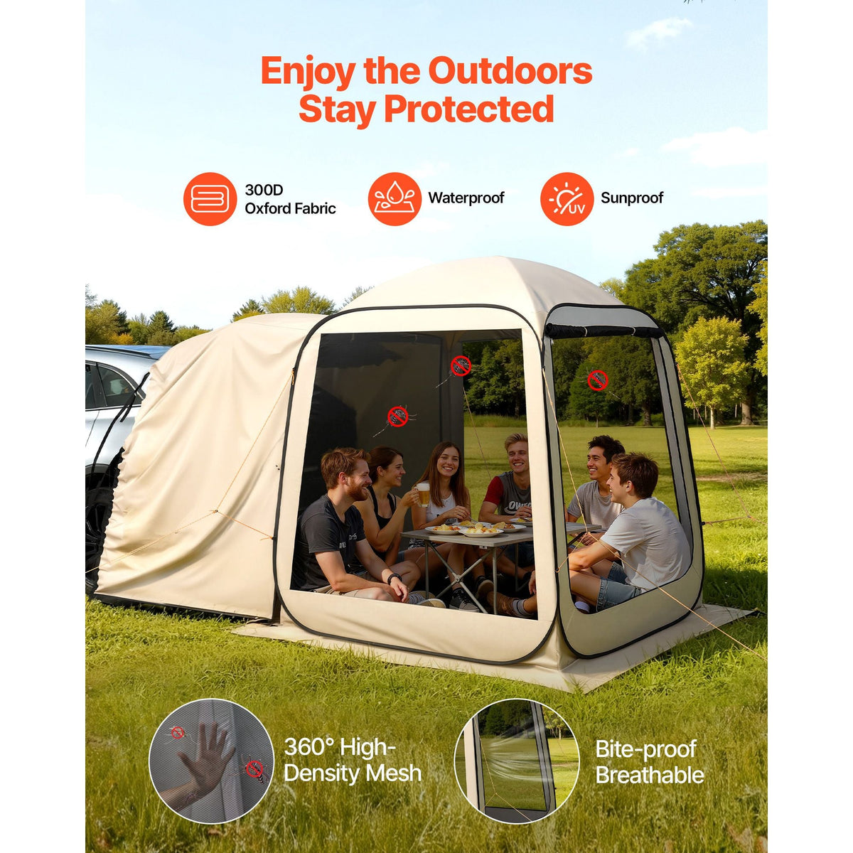 Screen House Tent, 6 x 6 ft, 4-6 Person Pop Up SUV Tailgate Tent, Portable Screened in Canopy with Carry Bag, Netting Sides, for Car Camping, Garden, Patio, Backyard, Outdoor Activities, Beige