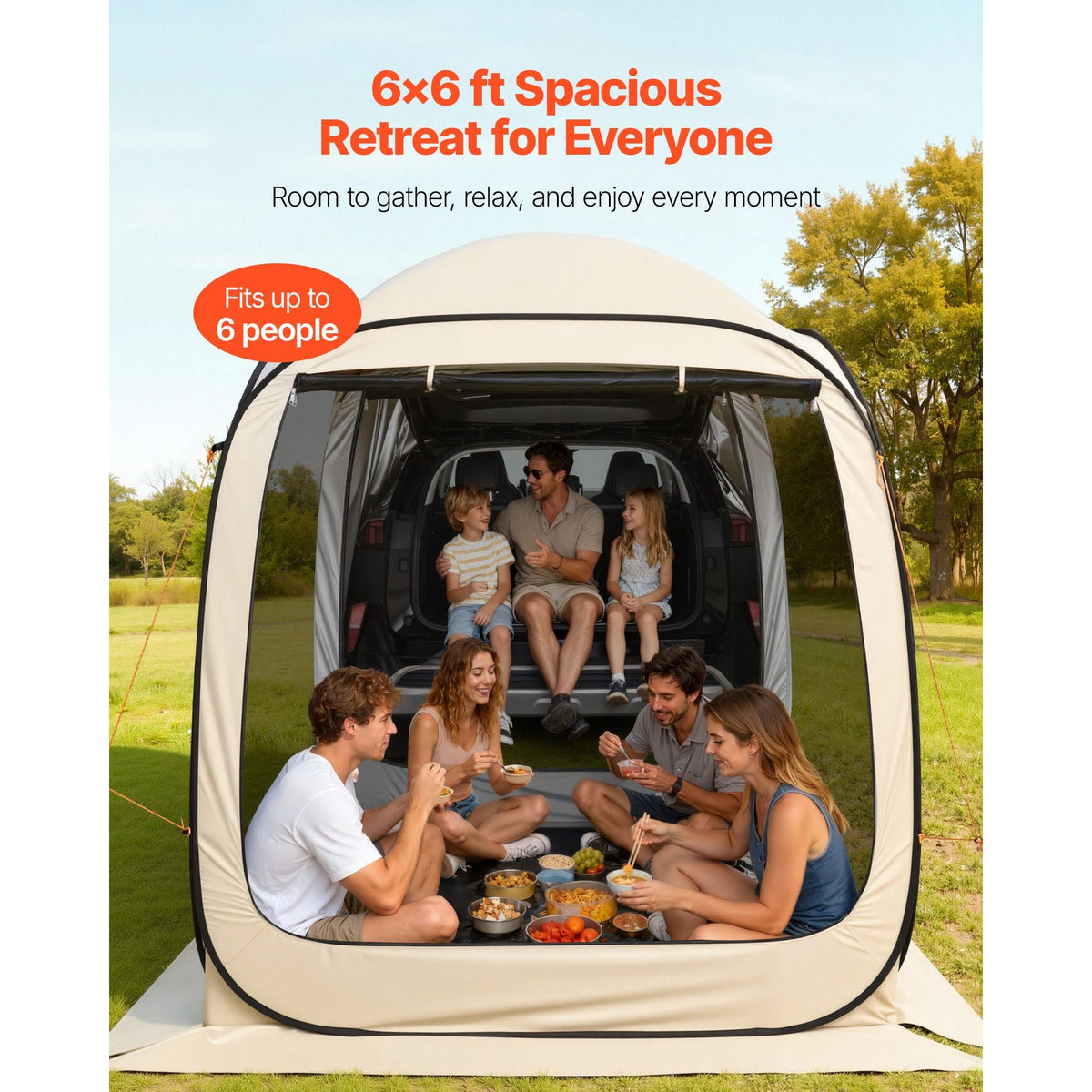 Screen House Tent, 6 x 6 ft, 4-6 Person Pop Up SUV Tailgate Tent, Portable Screened in Canopy with Carry Bag, Netting Sides, for Car Camping, Garden, Patio, Backyard, Outdoor Activities, Beige