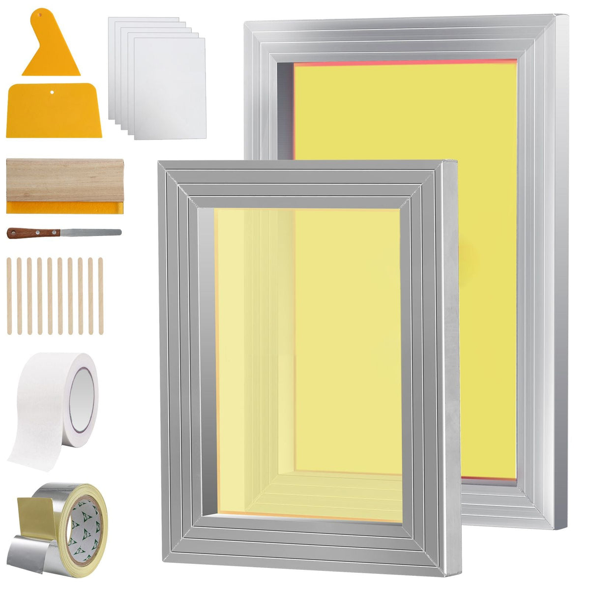 Screen Printing Kit, 2 Pieces Aluminum Silk Screen Printing Frames 8x10/10x14in 110 Count Mesh, 2 Tapes and Screen Printing Squeegees and Transparency Films for T-shirts DIY Printing