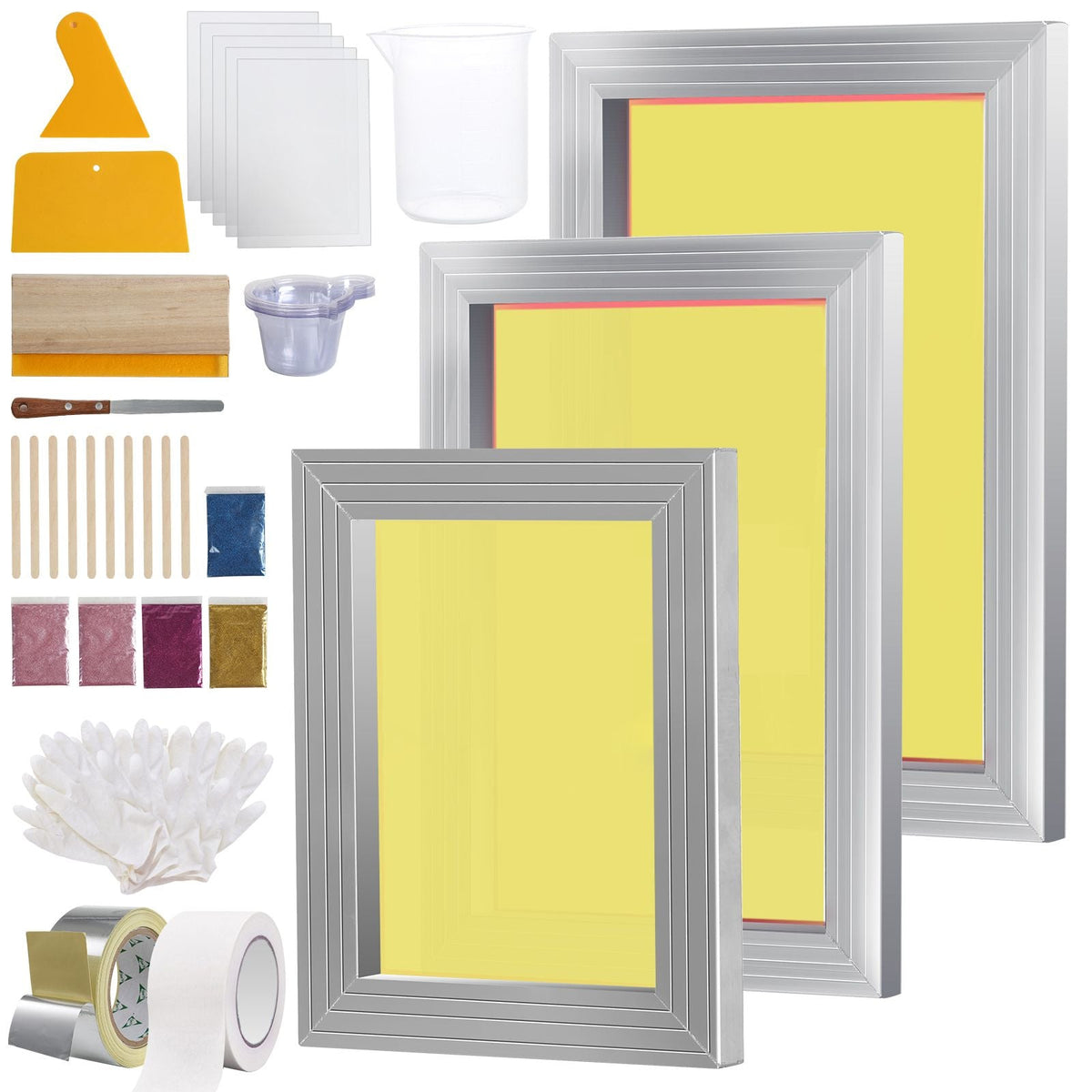 Screen Printing Kit, 3 PCS Aluminum Silk Screen Printing Frames, 5 Glitters and Screen Printing Squeegees and Transparency Films, 6x10/8x12/10x14inch 110 Count Mesh, for DIY T-shirts Printing