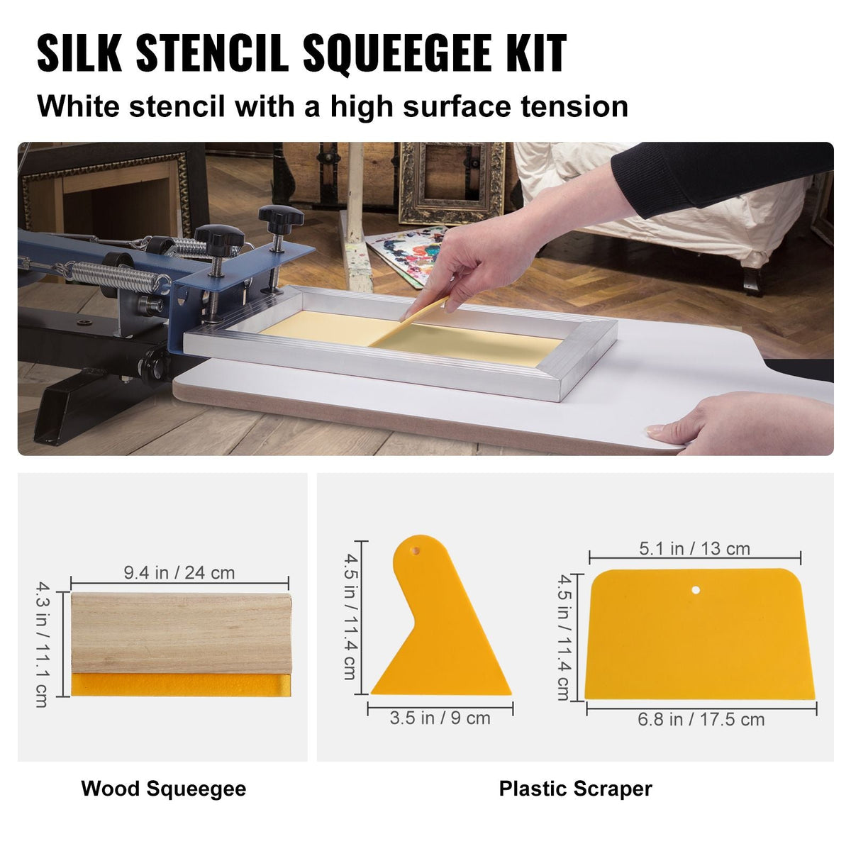 Screen Printing Kit, 3 PCS Aluminum Silk Screen Printing Frames, 5 Glitters and Screen Printing Squeegees and Transparency Films, 6x10/8x12/10x14inch 110 Count Mesh, for DIY T-shirts Printing