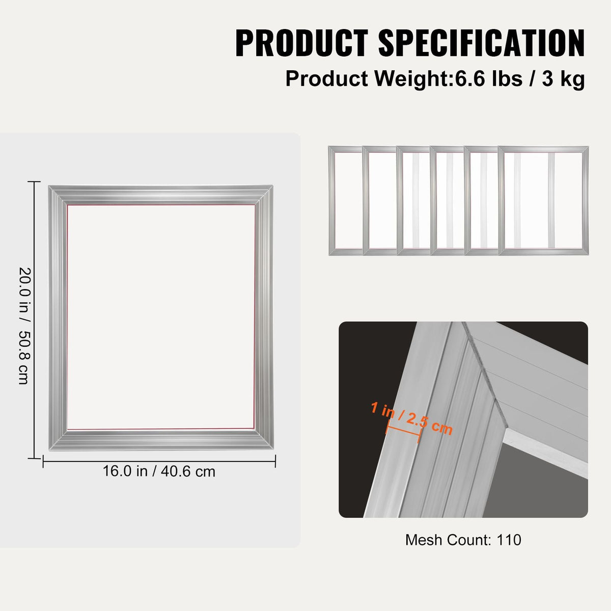 Screen Printing Kit, 6 Pieces Aluminum Silk Screen Printing Frames, 16x20inch Silk Screen Printing Frame with 110 Count Mesh, High Tension Nylon Mesh and Sealing Tape for T-shirts DIY Printing