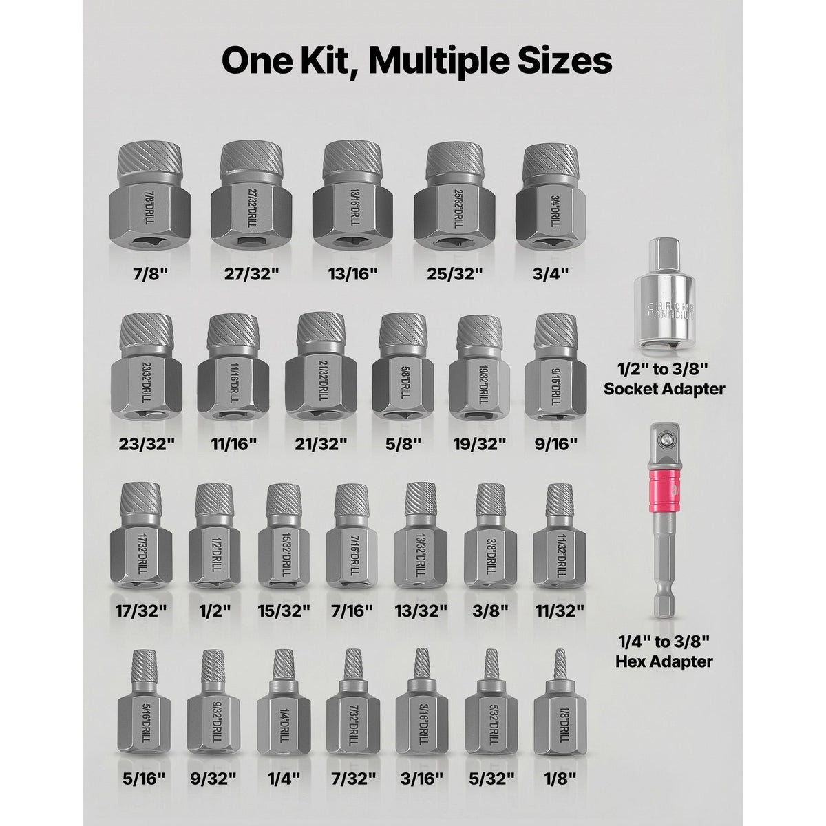 Screw Extractor Set, 27 Pieces Hex Head Multi-Spline Easy Out Bolt Extractor Tool, with Adapters, Solid Storage Case, Cr-Mo Steel Stripped Bolt Remover for Removing Rounded, Broken Bolts, Screws