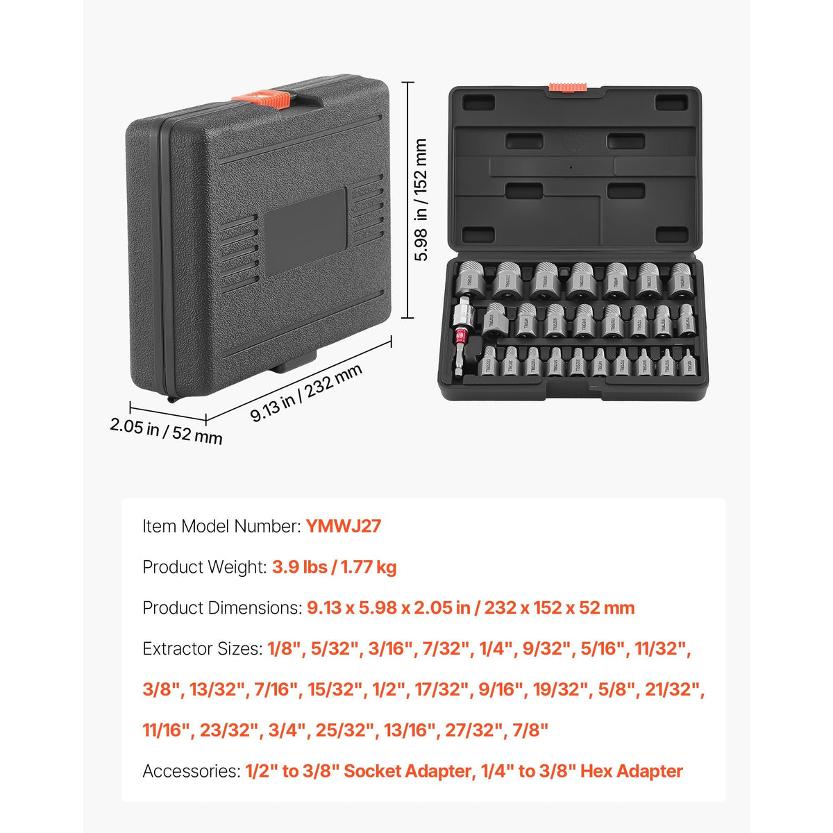 Screw Extractor Set, 27 Pieces Hex Head Multi-Spline Easy Out Bolt Extractor Tool, with Adapters, Solid Storage Case, Cr-Mo Steel Stripped Bolt Remover for Removing Rounded, Broken Bolts, Screws