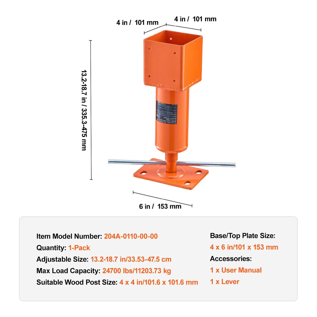 Screw Jack Post, 4" x 4", 13.2"-18.7" Height Range, 24700 lbs Max Load Capacity, Adjustable Shore Jack, Temporary House Jack Pole for Home Leveling, Lifting Floor Crawlspace Basement Shore Beam