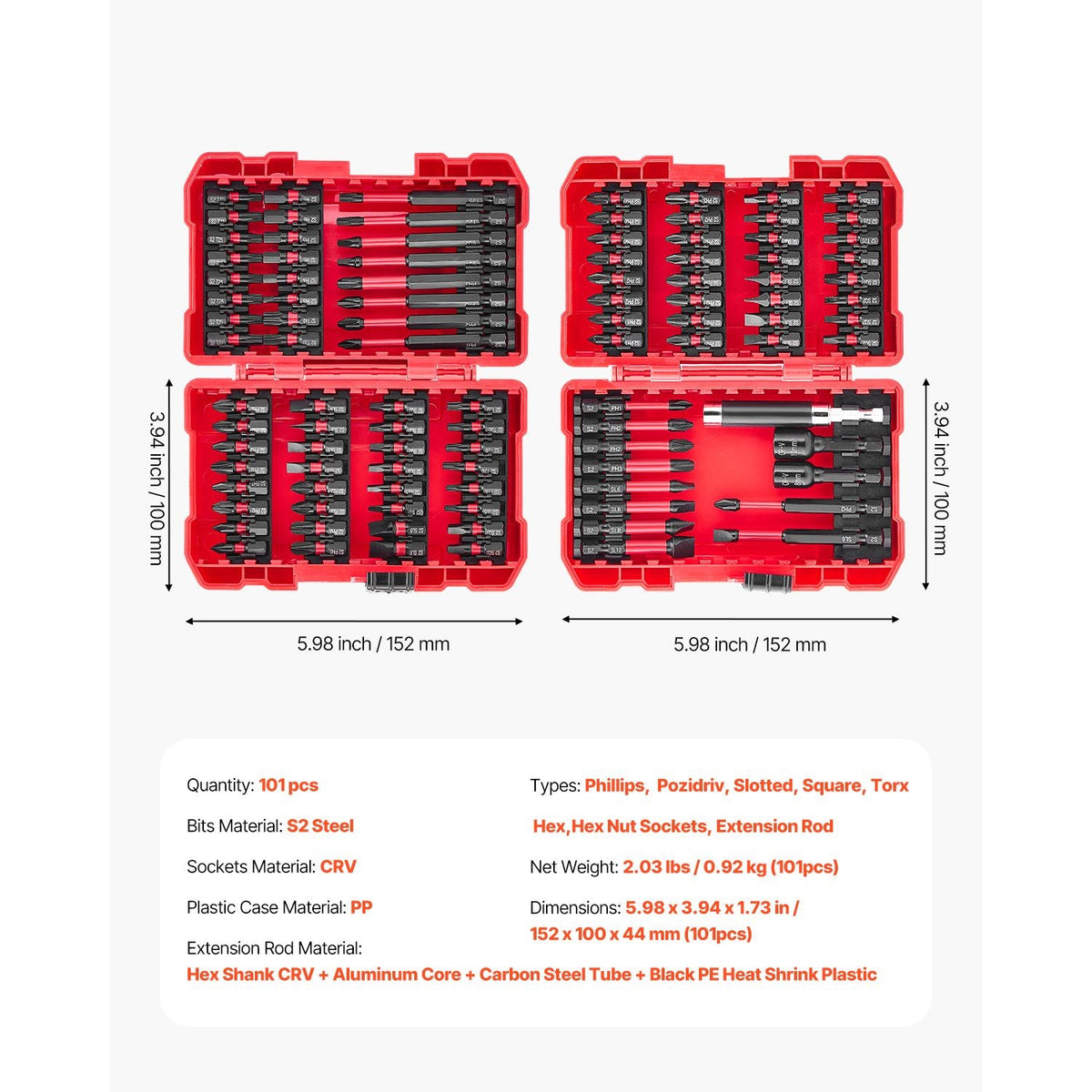 Screwdriver Bit Set, 101-Piece, Magnetic Phillips, Pozidriv, Slotted, Square, Torx, Hex Bits, Hex Nut Sockets, Extension Rod with Storage Case, High-Strength S2 Alloy Steel, Blackened Finish