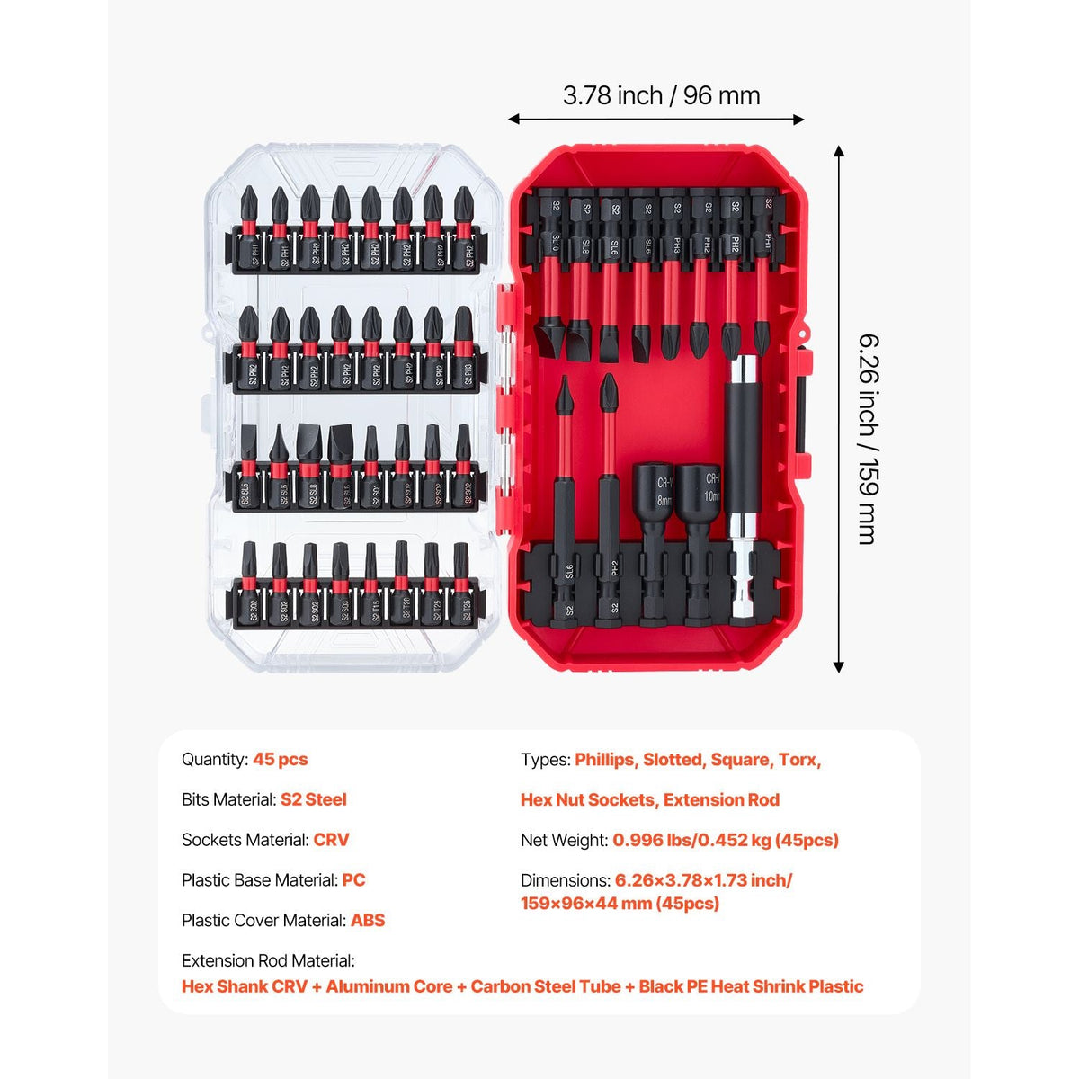 Screwdriver Bit Set, 45-Piece, Magnetic Phillips, Slotted, Square, Torx Bit, Hex Nut Sockets, Extension Rod with Transparent Storage Case, High-Strength S2 Alloy Steel, Blackened Finish