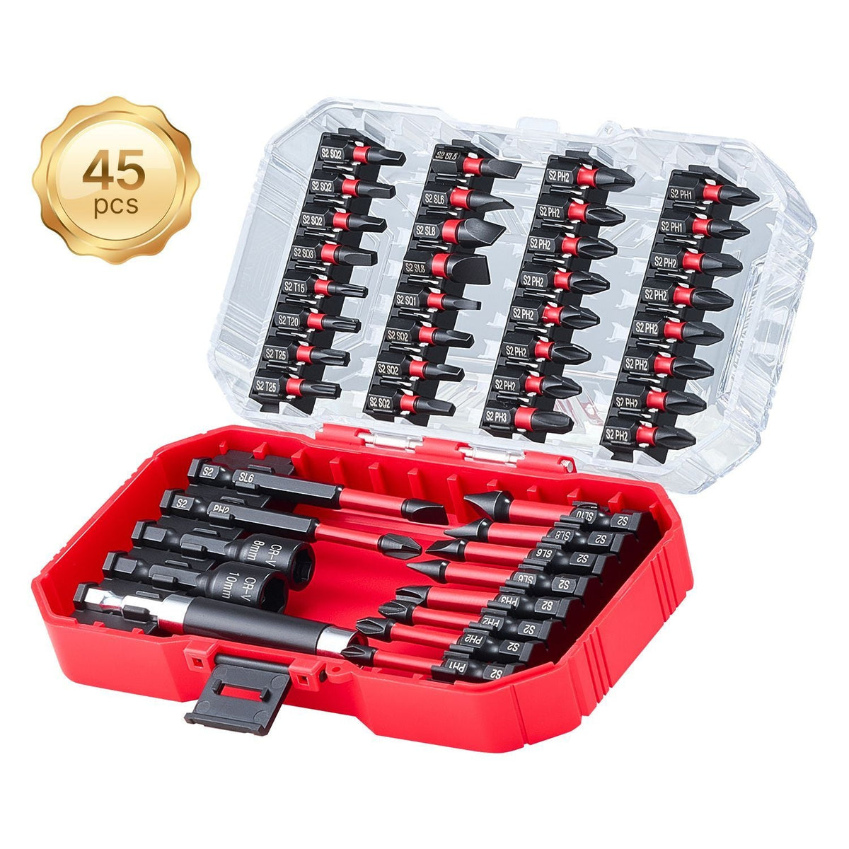 Screwdriver Bit Set, 45-Piece, Magnetic Phillips, Slotted, Square, Torx Bit, Hex Nut Sockets, Extension Rod with Transparent Storage Case, High-Strength S2 Alloy Steel, Blackened Finish